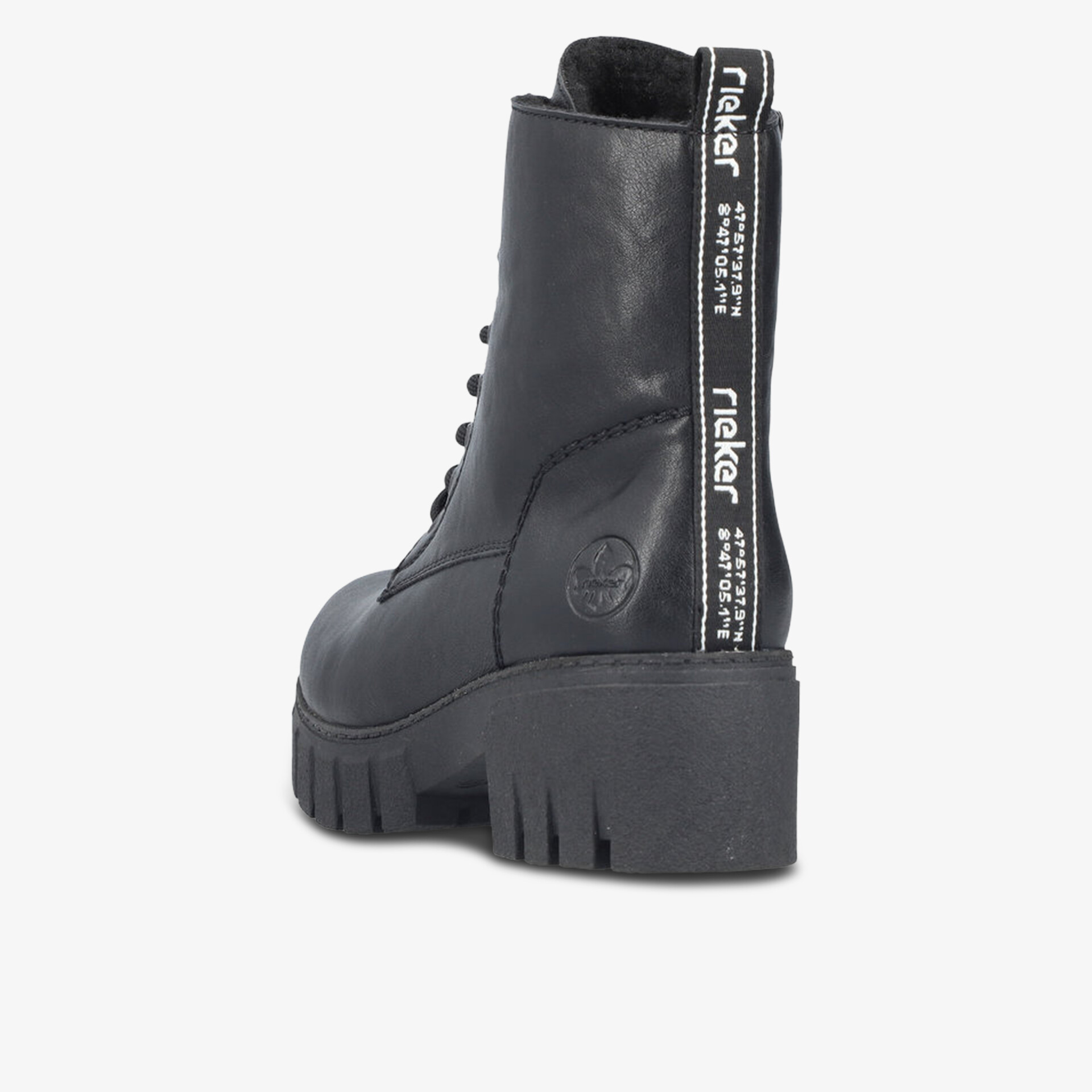 Schwarzer Stiefel mit Plateau-Absatz und robuster Sohle, sichtbarer seitlicher Reißverschluss und Schnürung
