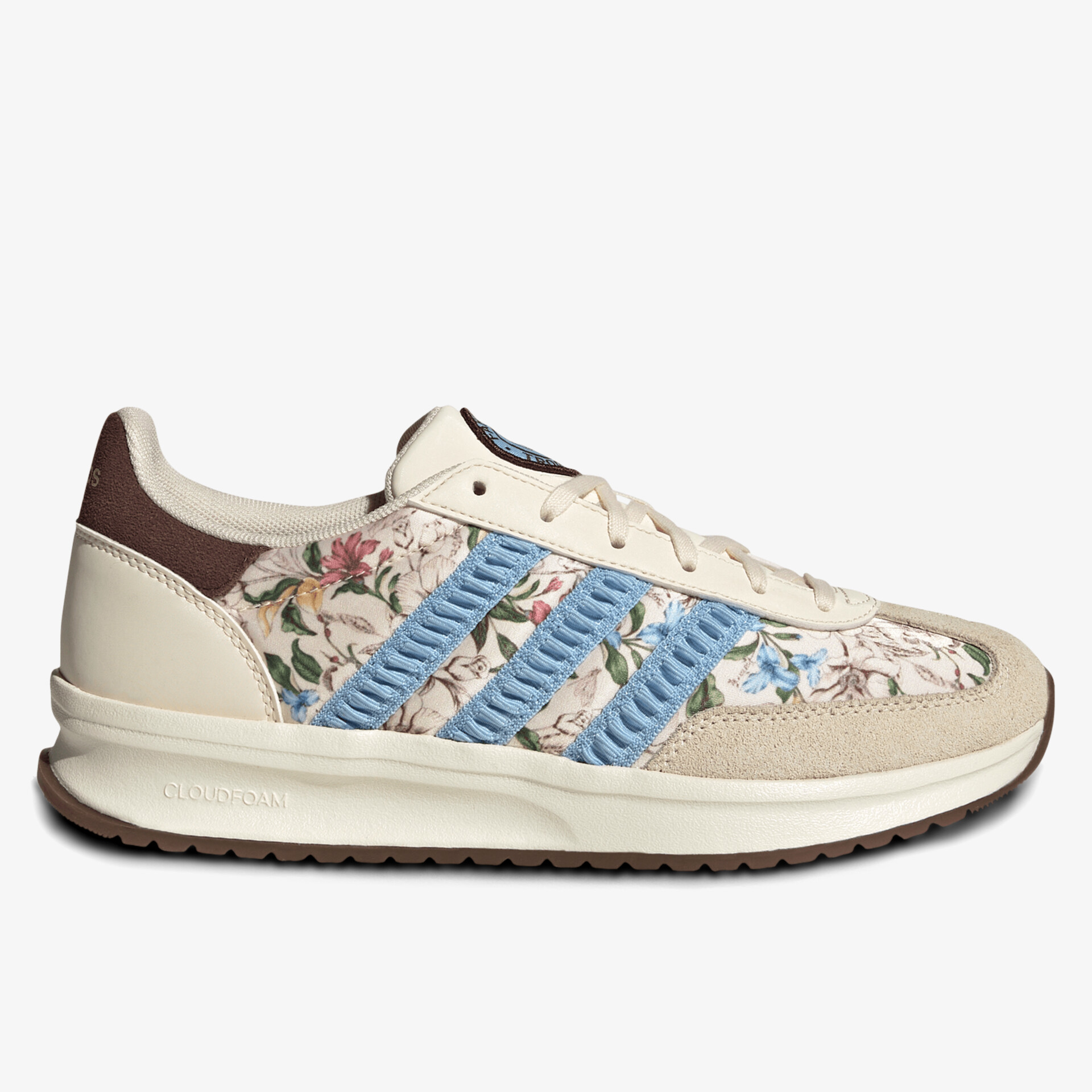 Leichter Sneaker mit floralem Muster und blauen Streifen, komfortabel und modisch gestaltet, seitliche Ansicht
