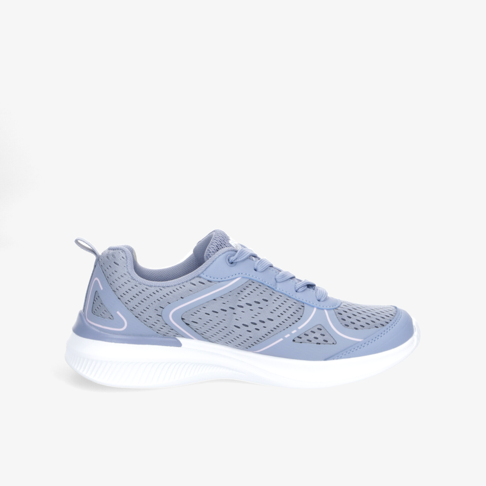 Seitlich sichtbarer leichter Laufschuh in Grau mit atmungsaktivem Material und flexibler weißer Sohle