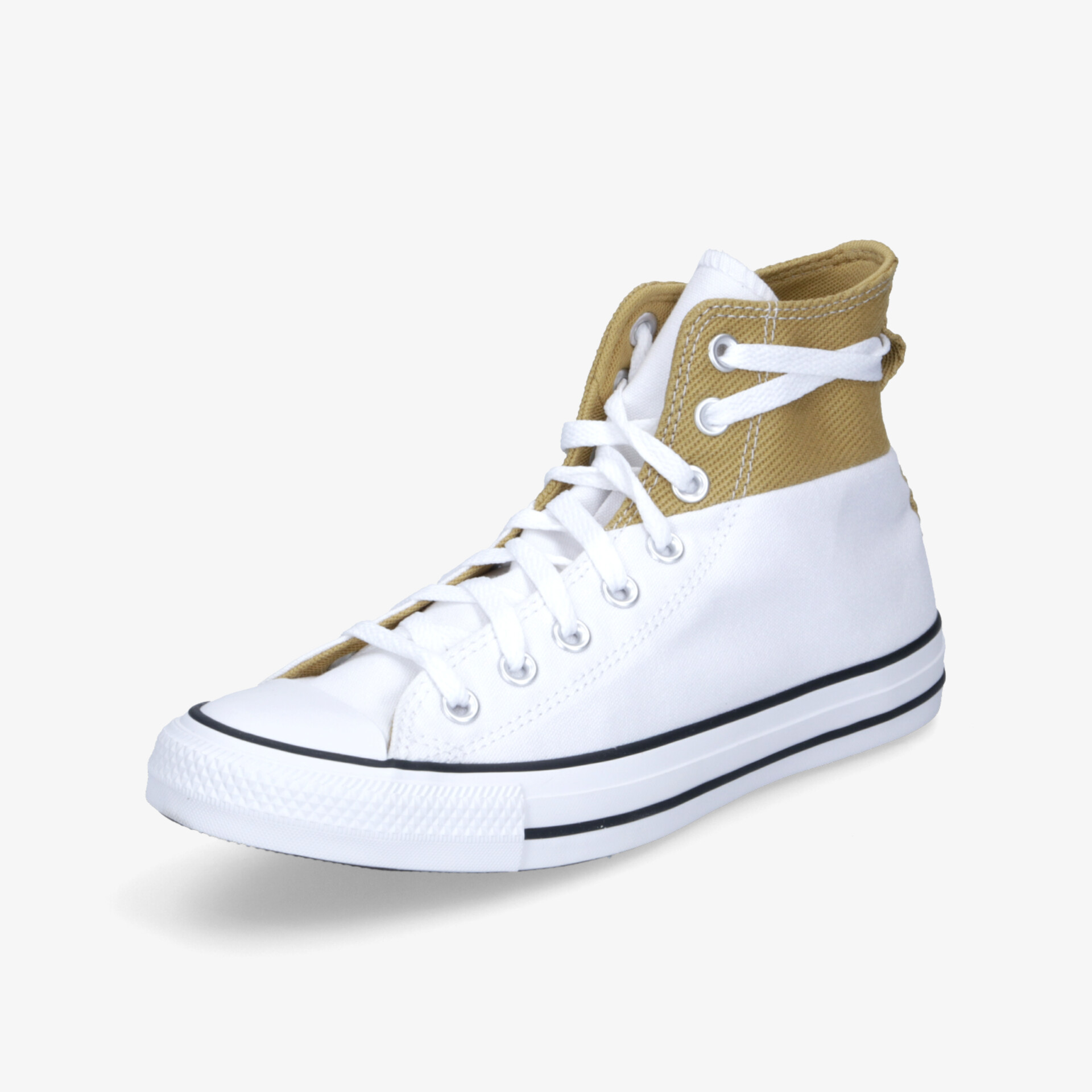 Hoher Sneaker in weiß mit beigem Kragen und robuster Gummisohle, sportlich und bequem