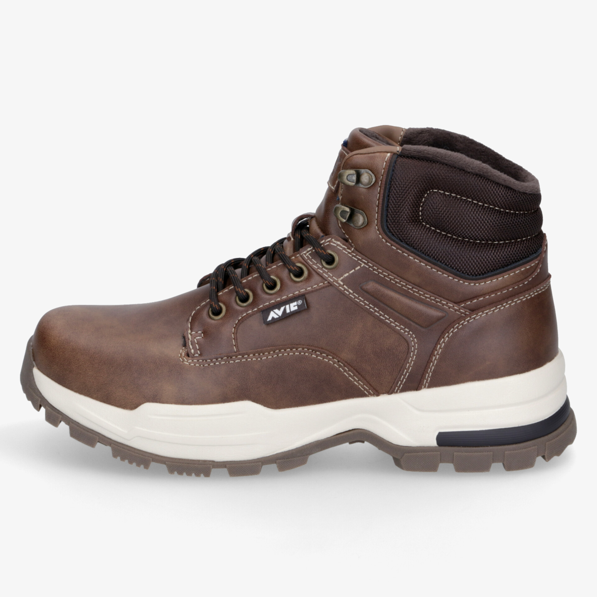 Robuster robust geschnürter brauner Schuh mit rutschfester weißer Sohle und gepolstertem Knöchelbereich