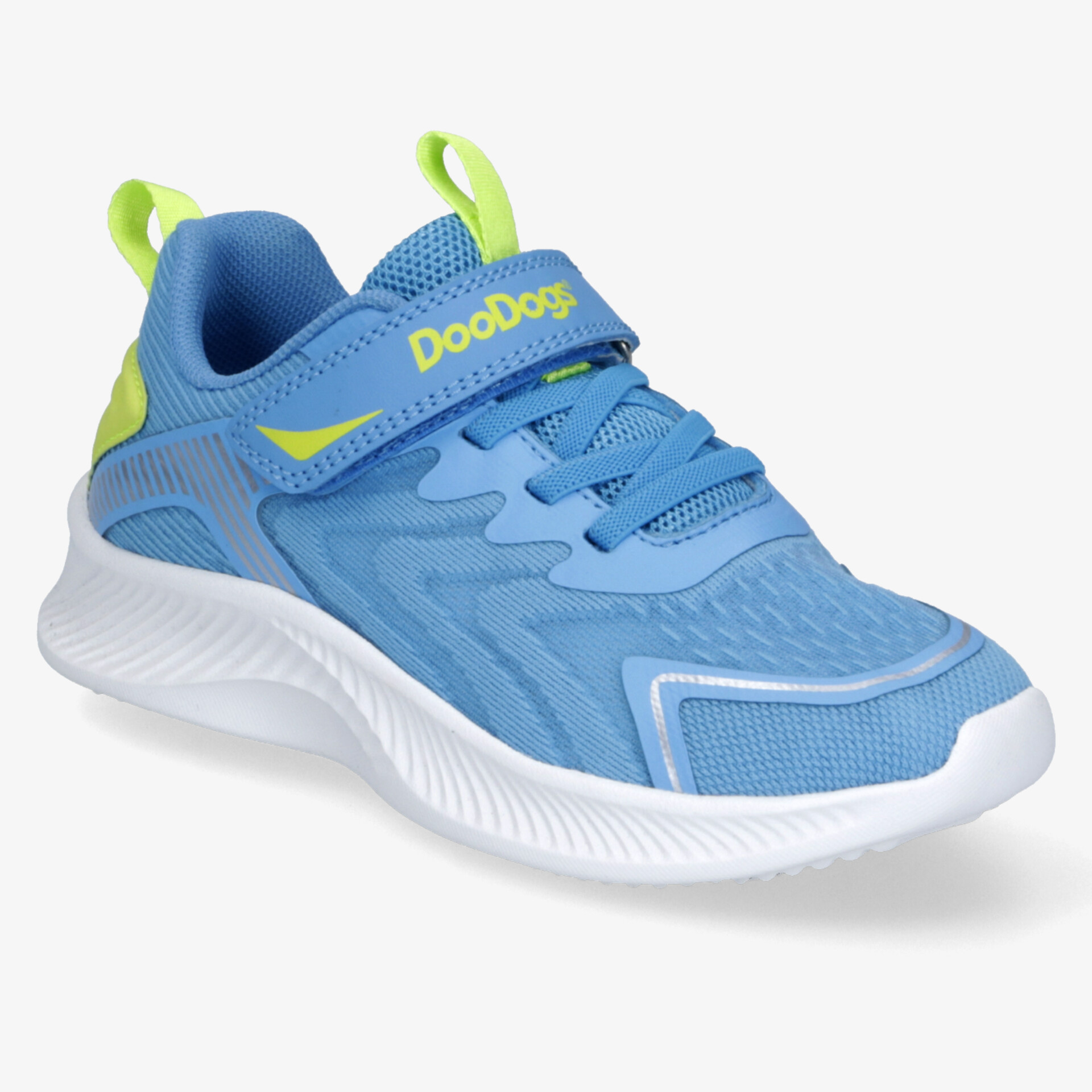 Leichter blauer Sportschuh mit elastischer Schnürung und Klettverschluss, rutschfeste weiße Sohle, komfortabel und stabil