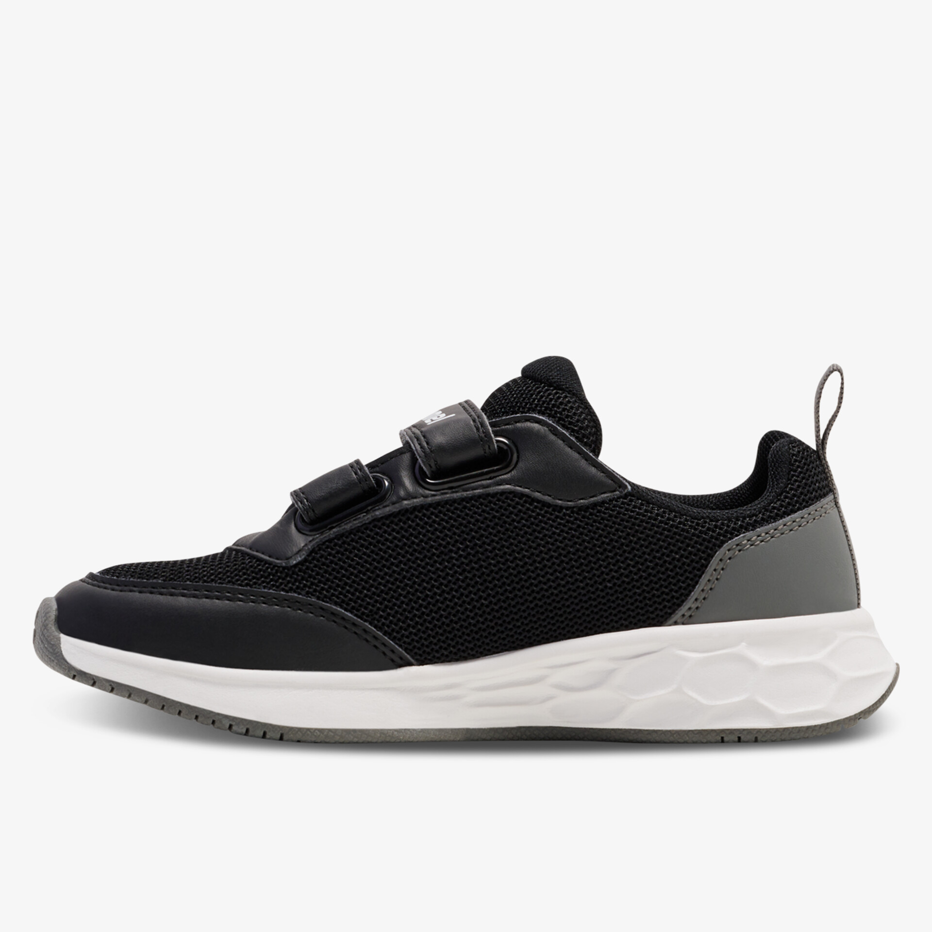 Leichter schwarzer Sneaker mit weißer Sohle und praktischem Klettverschluss, komfortabel und modern