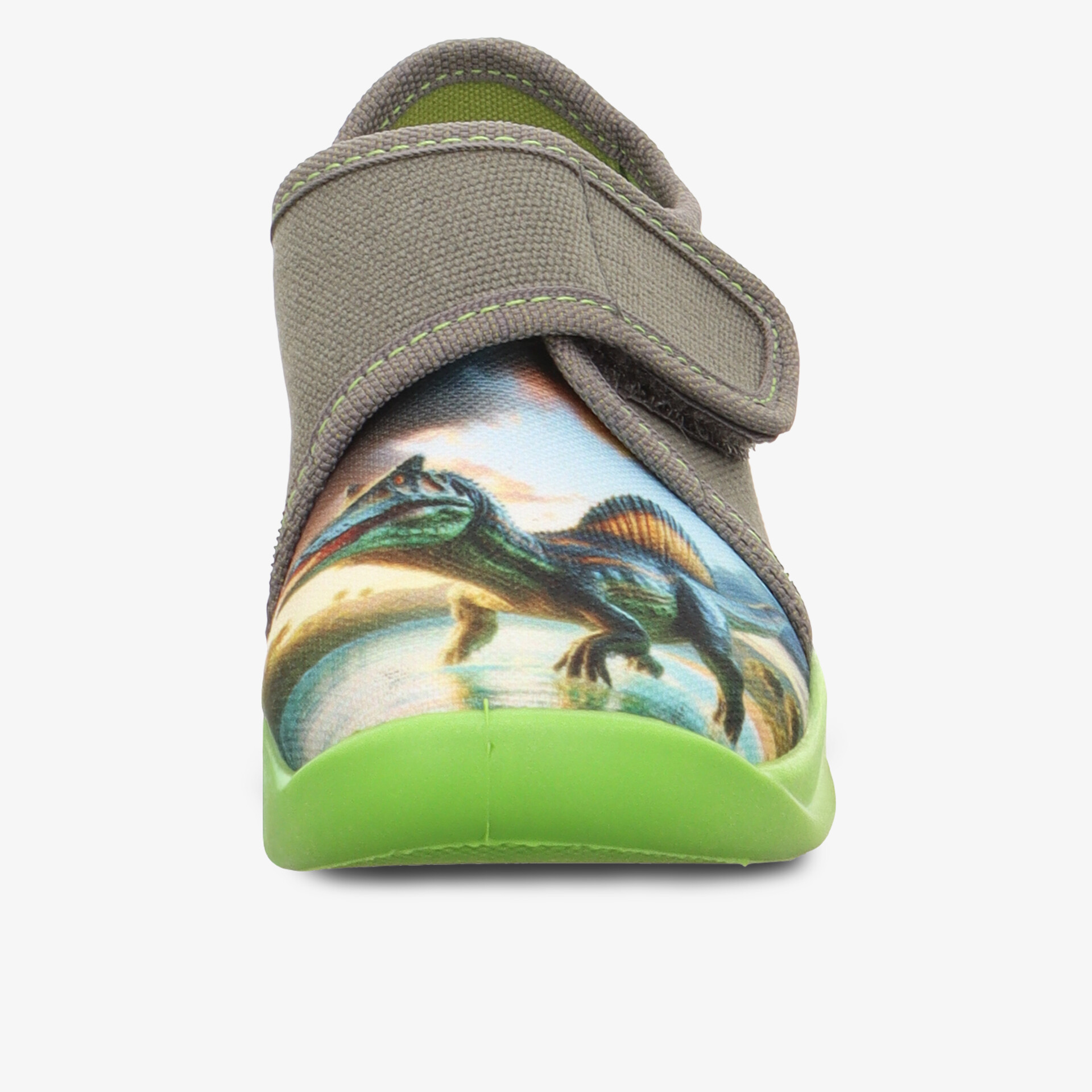 Bequemer leichter Kinderschuh mit Klettverschluss und rutschfester grüner Sohle, mt farbenfrohem Dinosaurier-Motiv