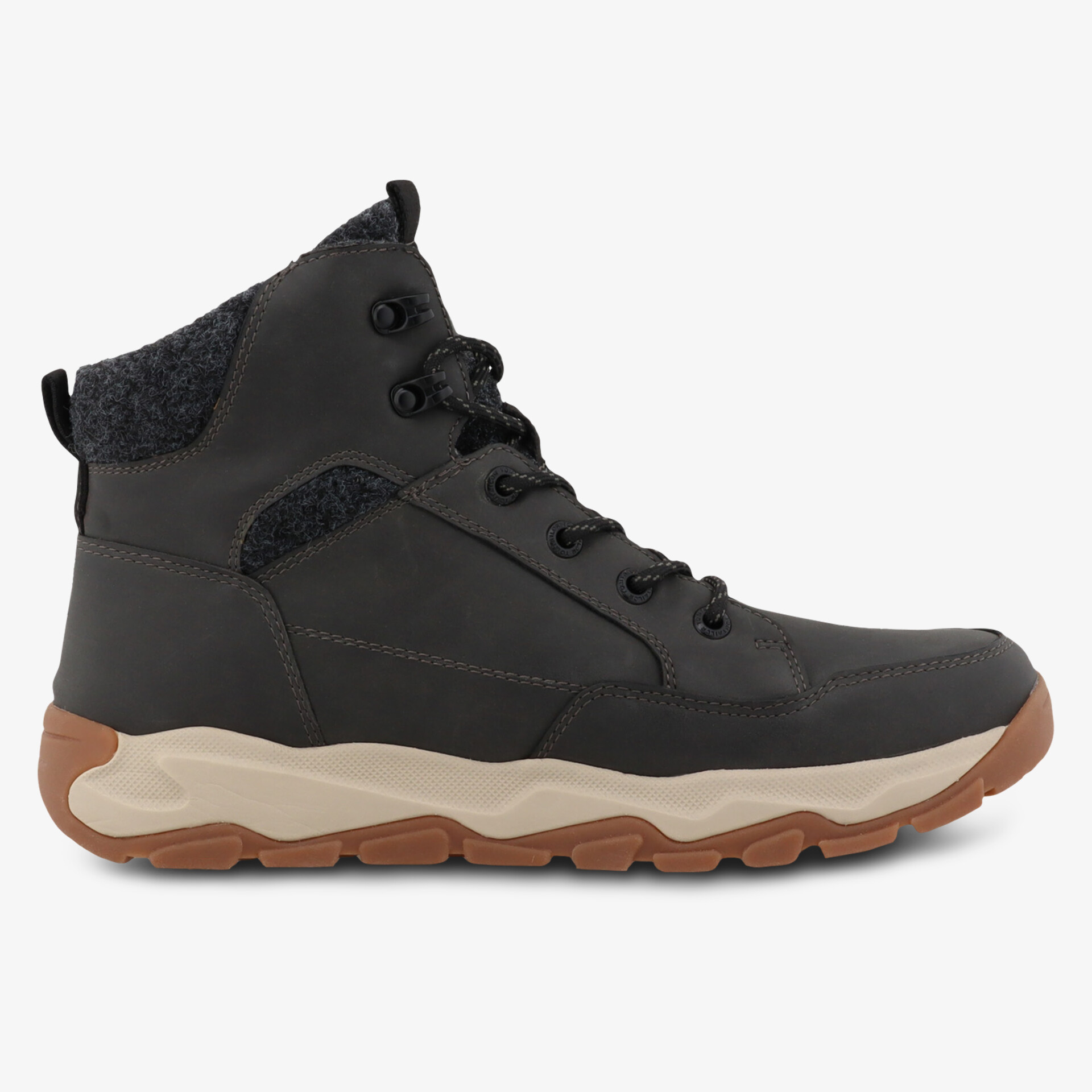 Robuster schwarzer Winterschuh mit warmem Futter, wasserabweisend und rutschfester brauner Sohle für besten Halt