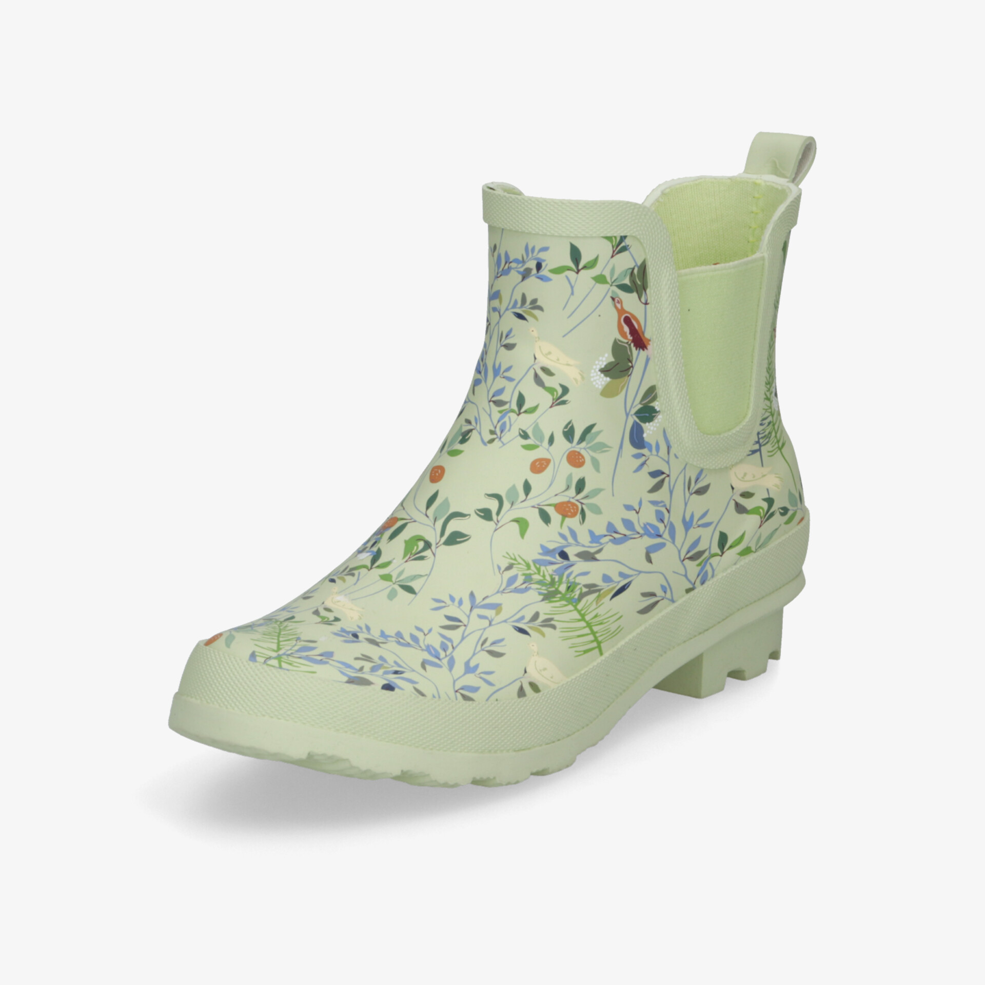 Wasserdichter grüner Regenstiefel mit buntem Blumenmuster, flexiblem Schaft und rutschfester Sohle