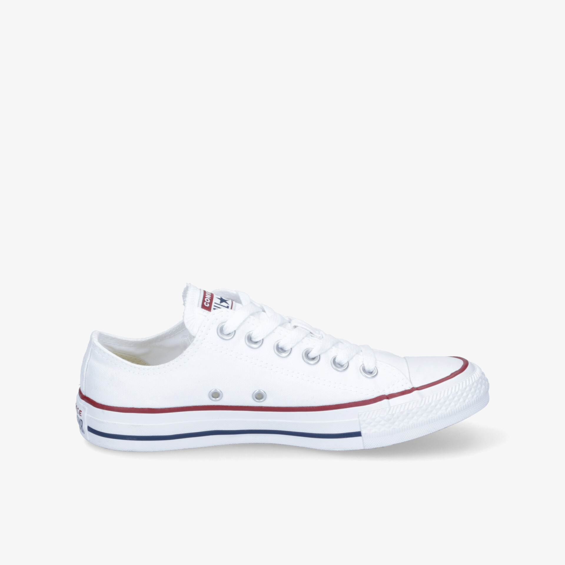 Weißer Sneaker in klarer Seitenansicht mit klassischem Design und robuster, flexibler Gummisohle