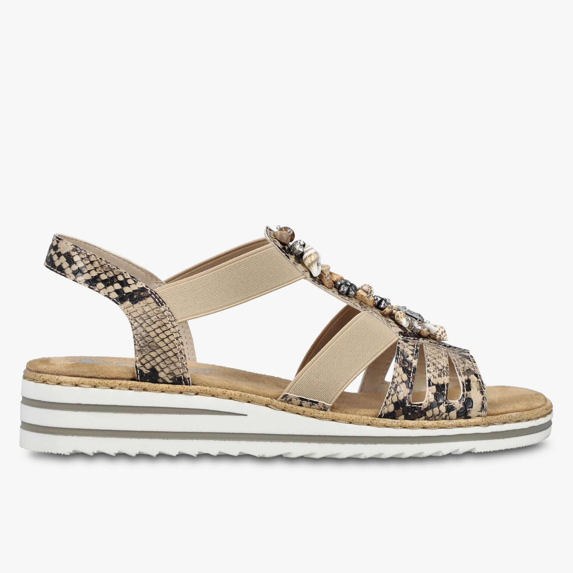 Bequeme Sandale mit verstellbarem Riemen und modischem Schlangenprint-Design, seitliche Ansicht