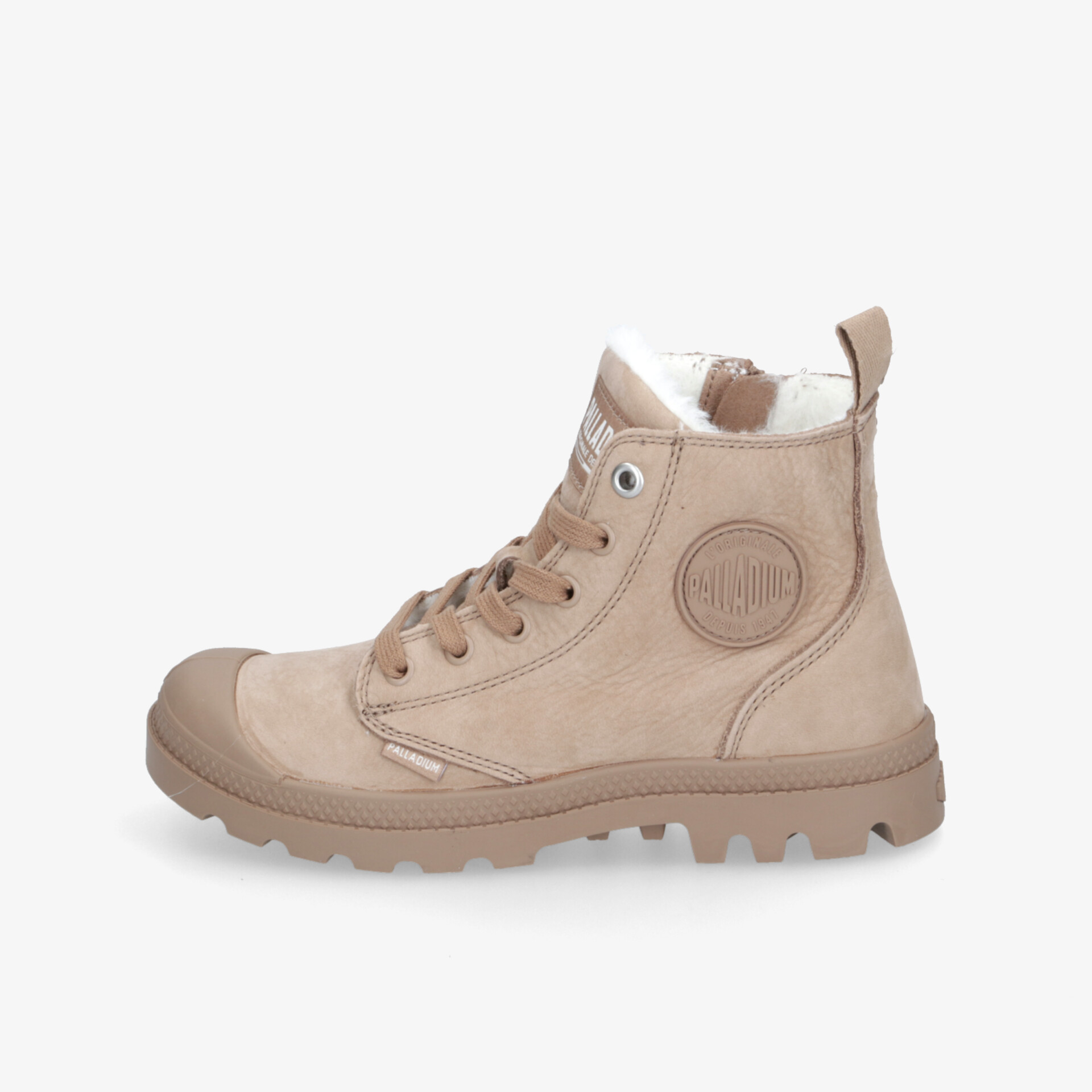 Beiger robuster und bequemer Hightop Stiefel mit rutschfester Sohle und hochwertigem Material seitliche Ansicht