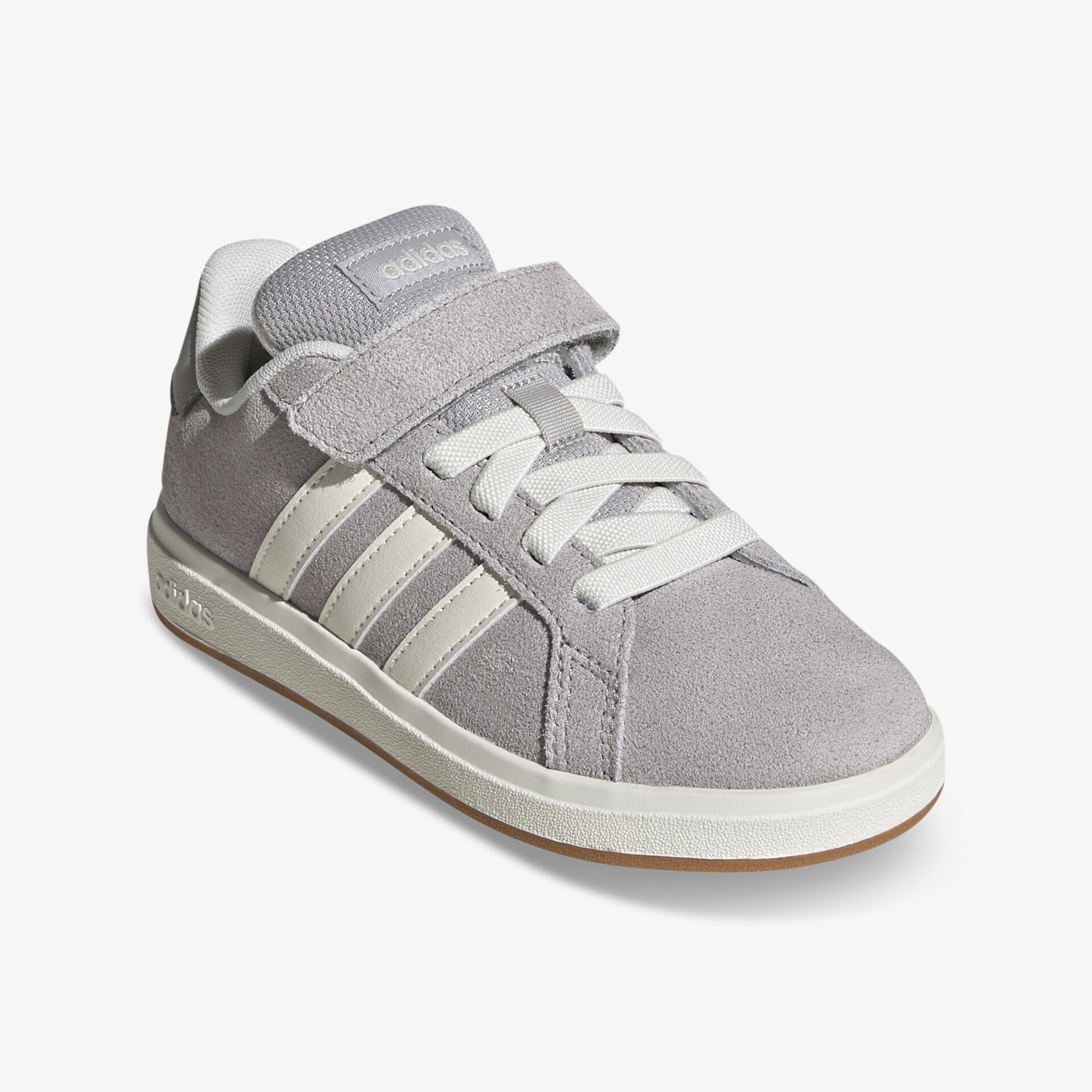 Grauer sportlicher Schuh mit Klettverschluss und Schnürsenkeln, bequeme Passform und flexible Sohle