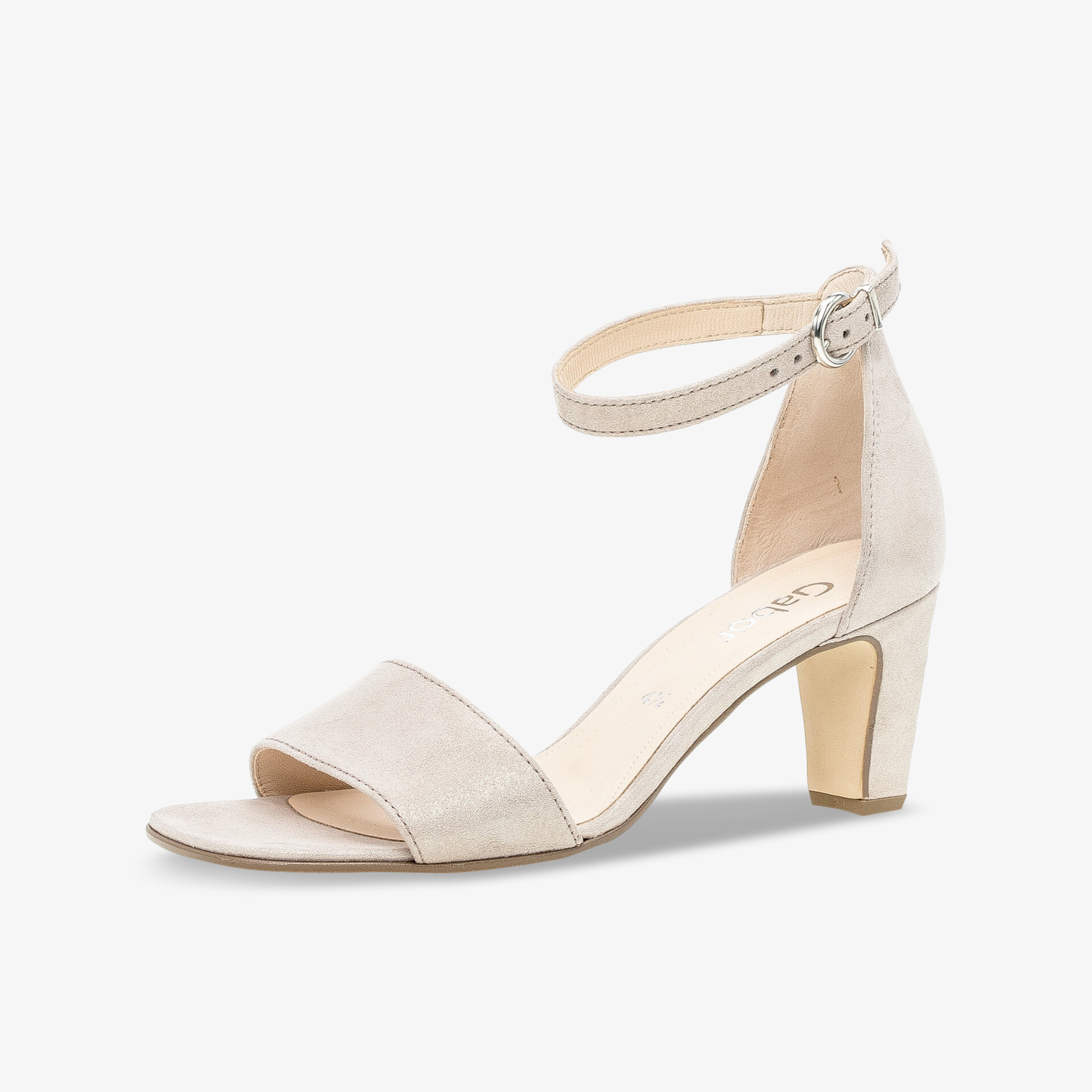 Elegante beige Sandale mit hohem Absatz und Knöchelriemen für stilvollen Komfort und sicherem Halt.