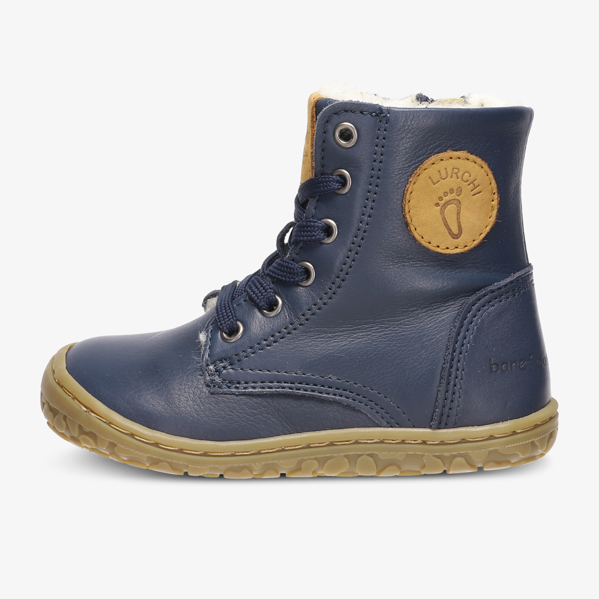 Blauer Lederschuh mit hohem Schaft und warmer Fütterung. Robuste Gummisohle sorgt für Komfort und Stabilität.