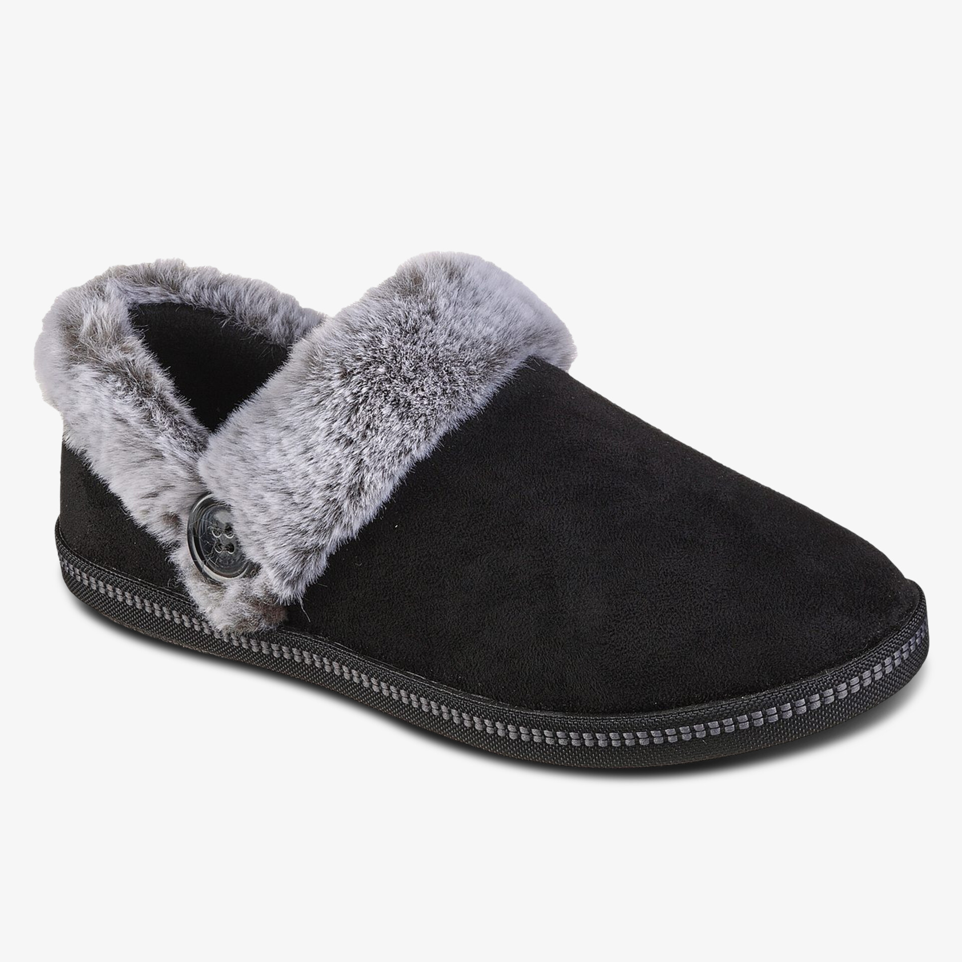 Komfortabler schwarzer Hausschuh mit weichem, grauem Fellbesatz und rutschfester Sohle für gemütliche Stunden