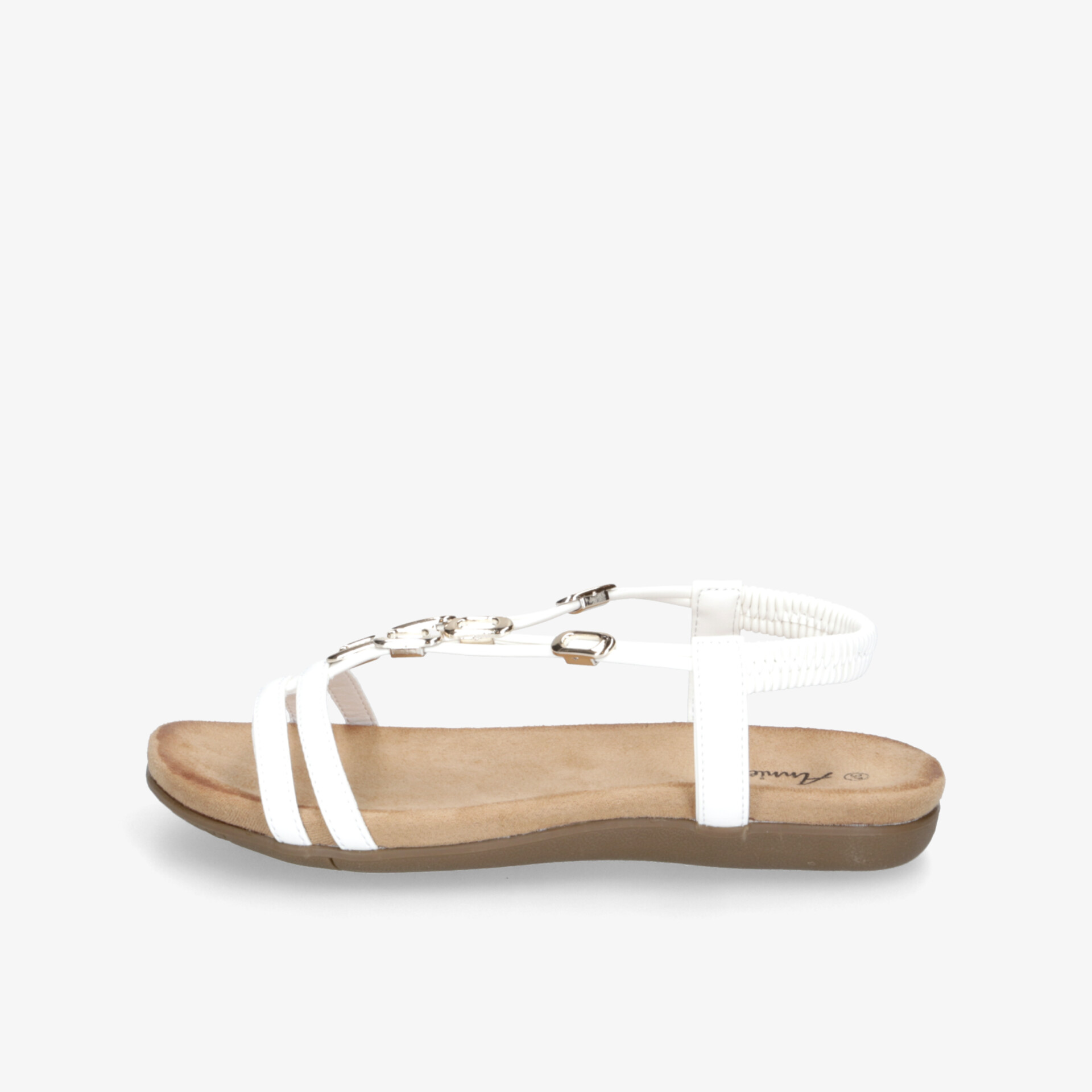 Leichte weiße Sandale mit flacher Sohle und verstellbarer Schnalle für komfortablen Halt und eleganten Look