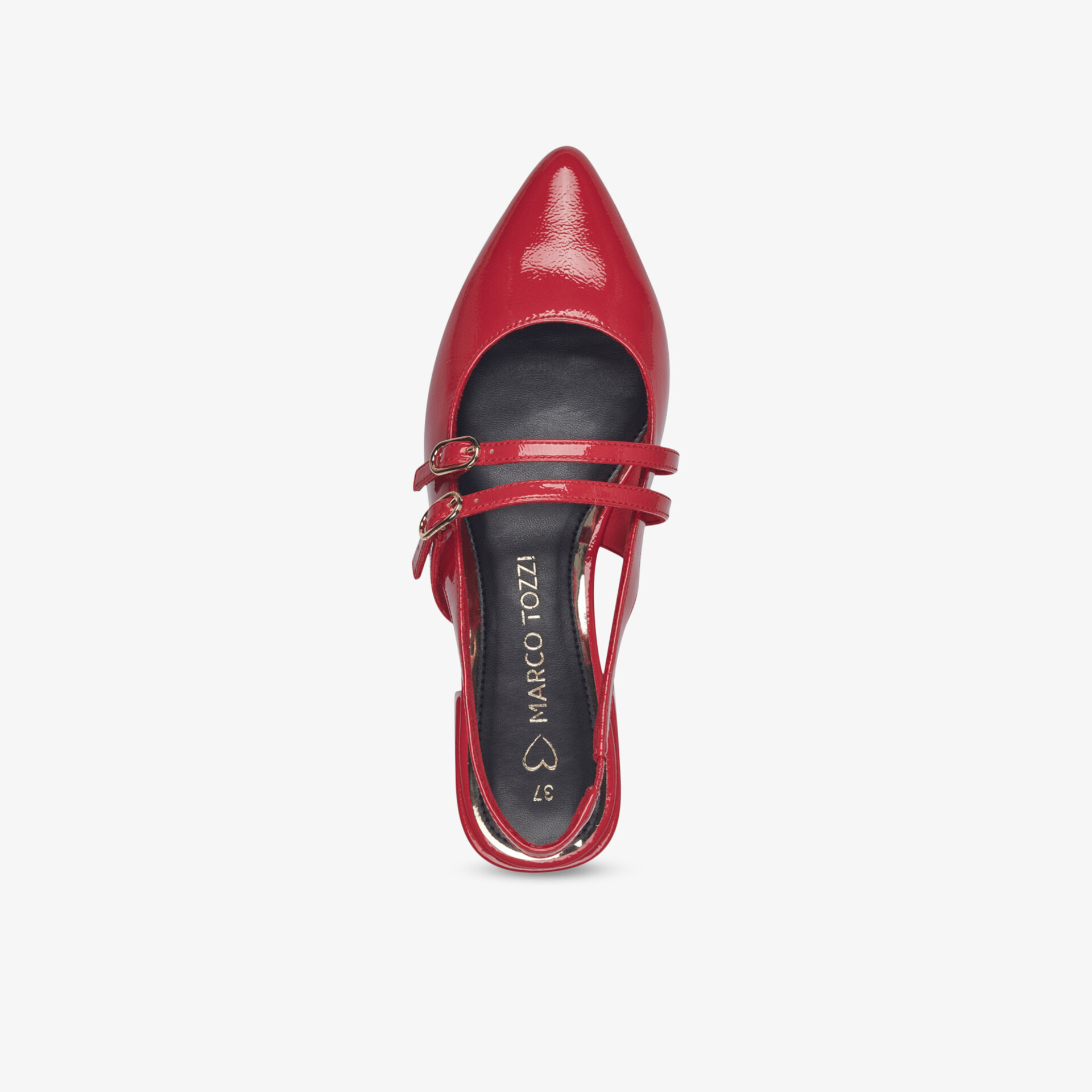 Roter eleganter Pumps mit spitzem Zehenbereich und doppeltem Riemen, stylisch und hochwertig