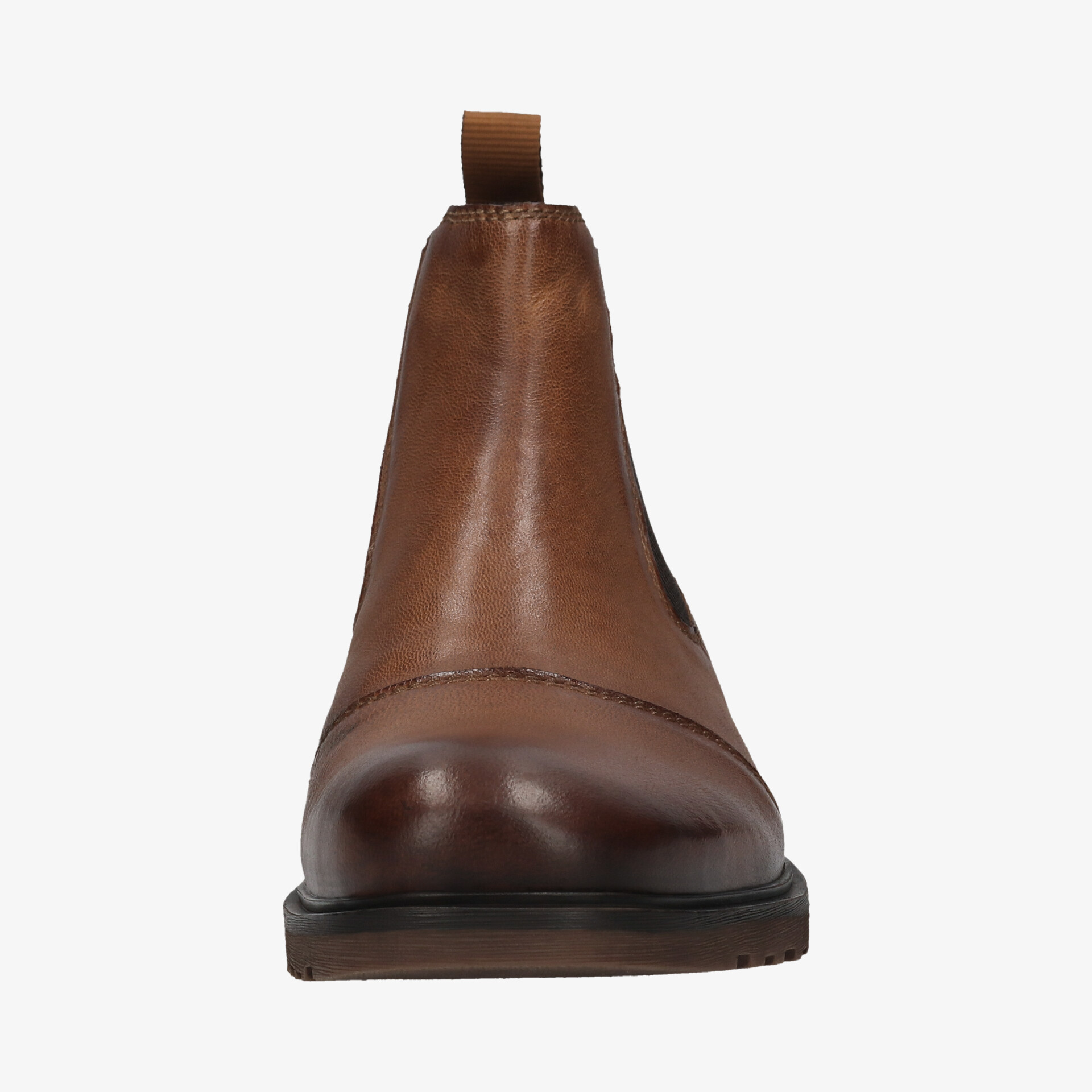 Hochwertiger brauner Lederstiefel in Frontansicht mit robuster Sohle und elegantem, schlichtem Design