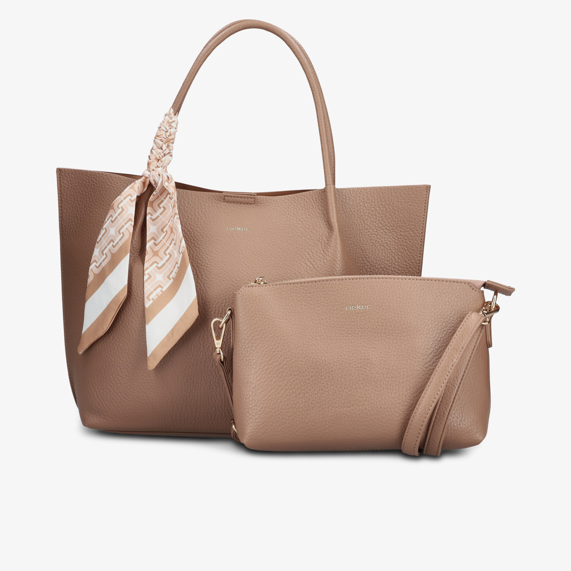 Zwei elegante beige Taschen mit langem Griff und Reißverschluss, ideal für Alltag und Organisation