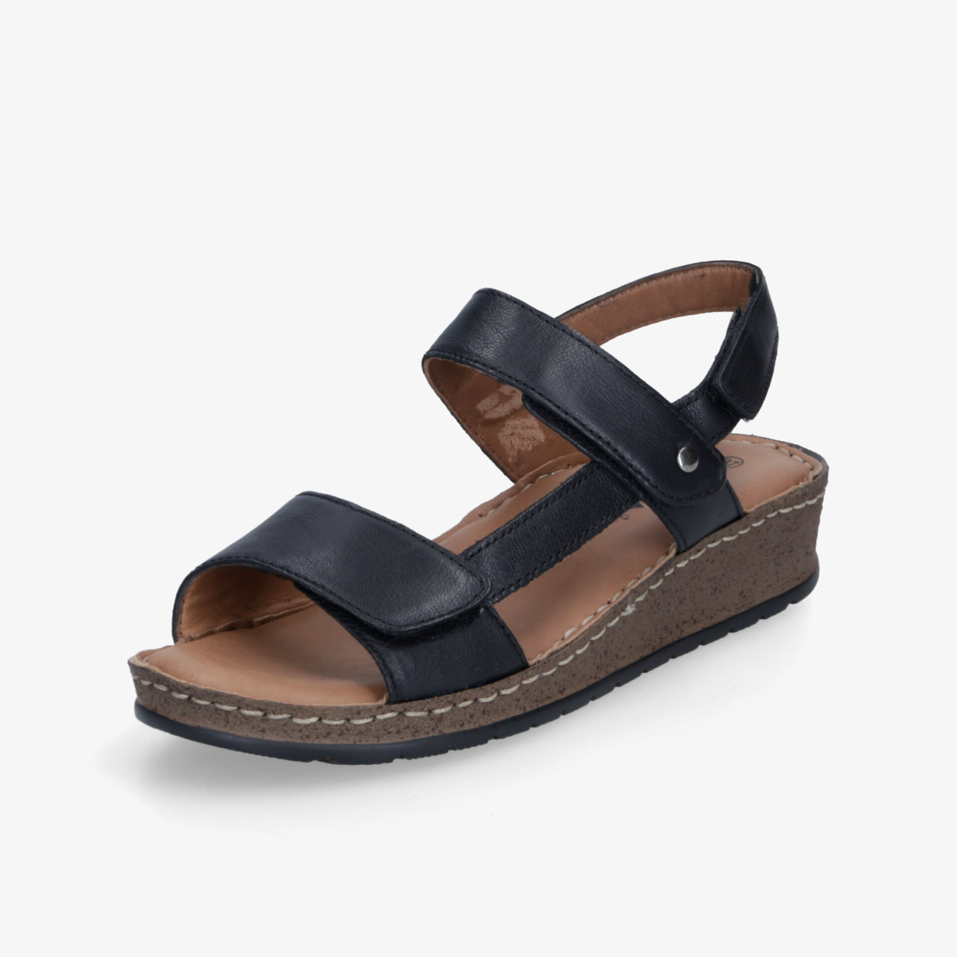 Komfortable schwarze Sandalette mit verstellbaren Klettverschlüssen und leichtem Keilabsatz für angenehmes Tragegefühl