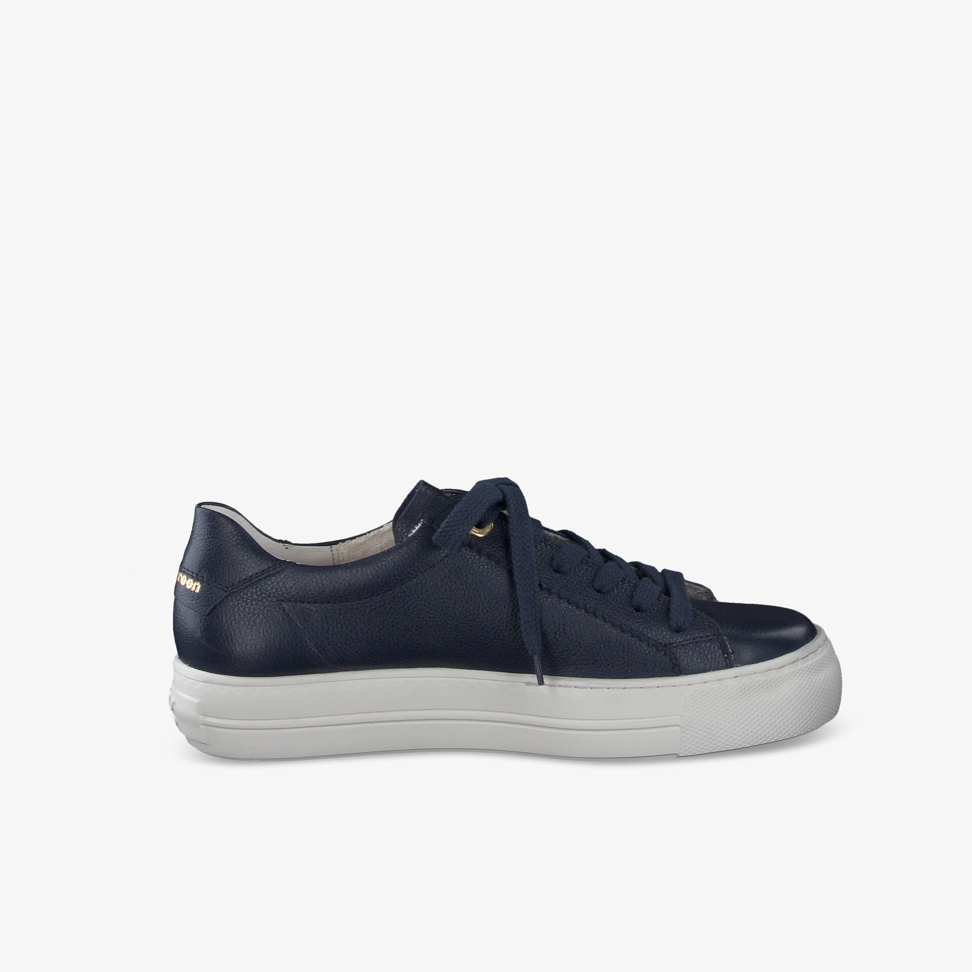 Seitliche Ansicht eines komfortablen, schwarzen Sneakers mit weißer Sohle und klassischem Design