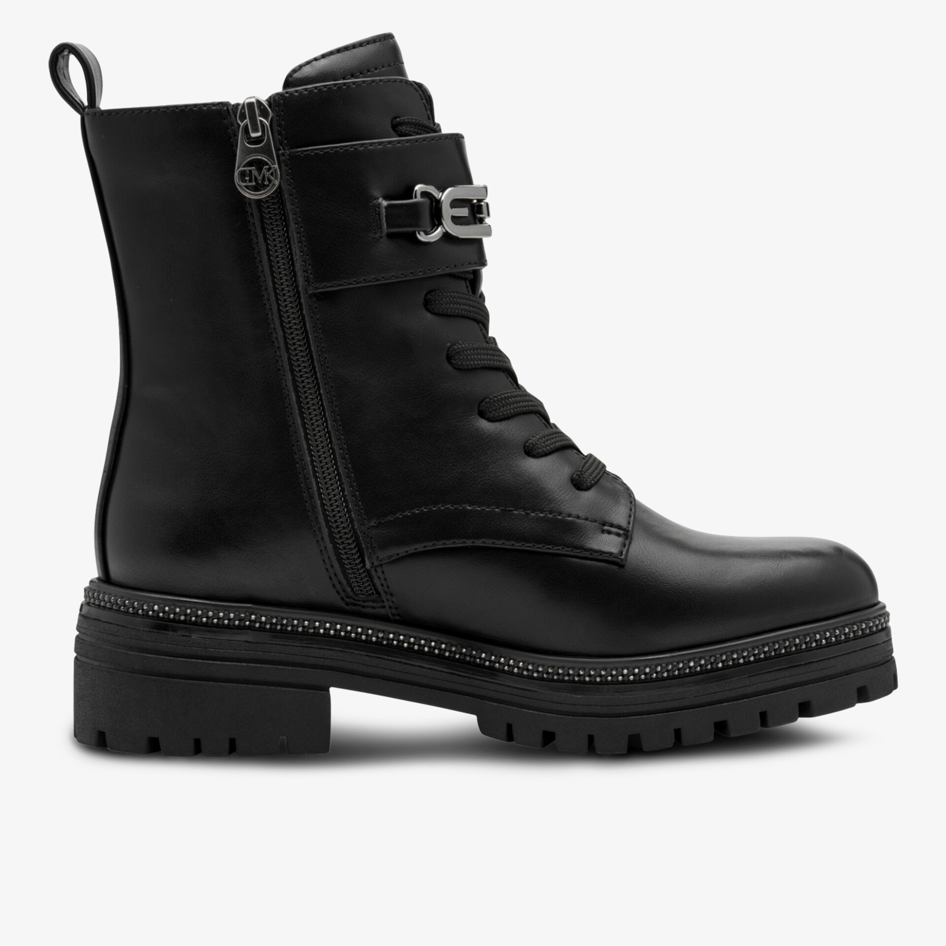 Robuste schwarze Stiefelette mit seitlichem Reißverschluss, modischer Schnalle und profilierter Sohle für sicheren Halt