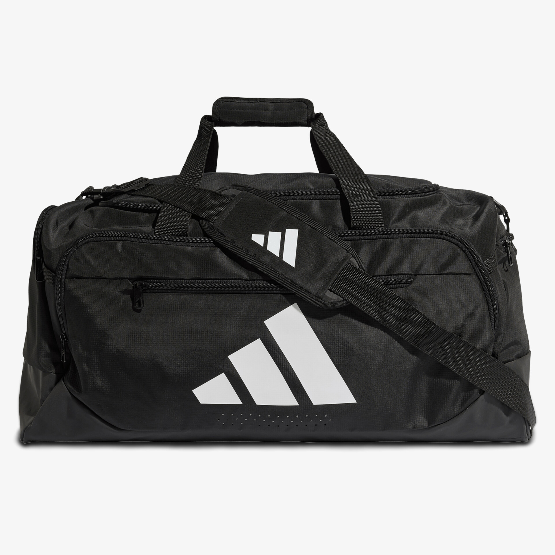 Schwarze Sporttasche mit großem Hauptfach und verstellbarem Schultergurt, robust und funktional