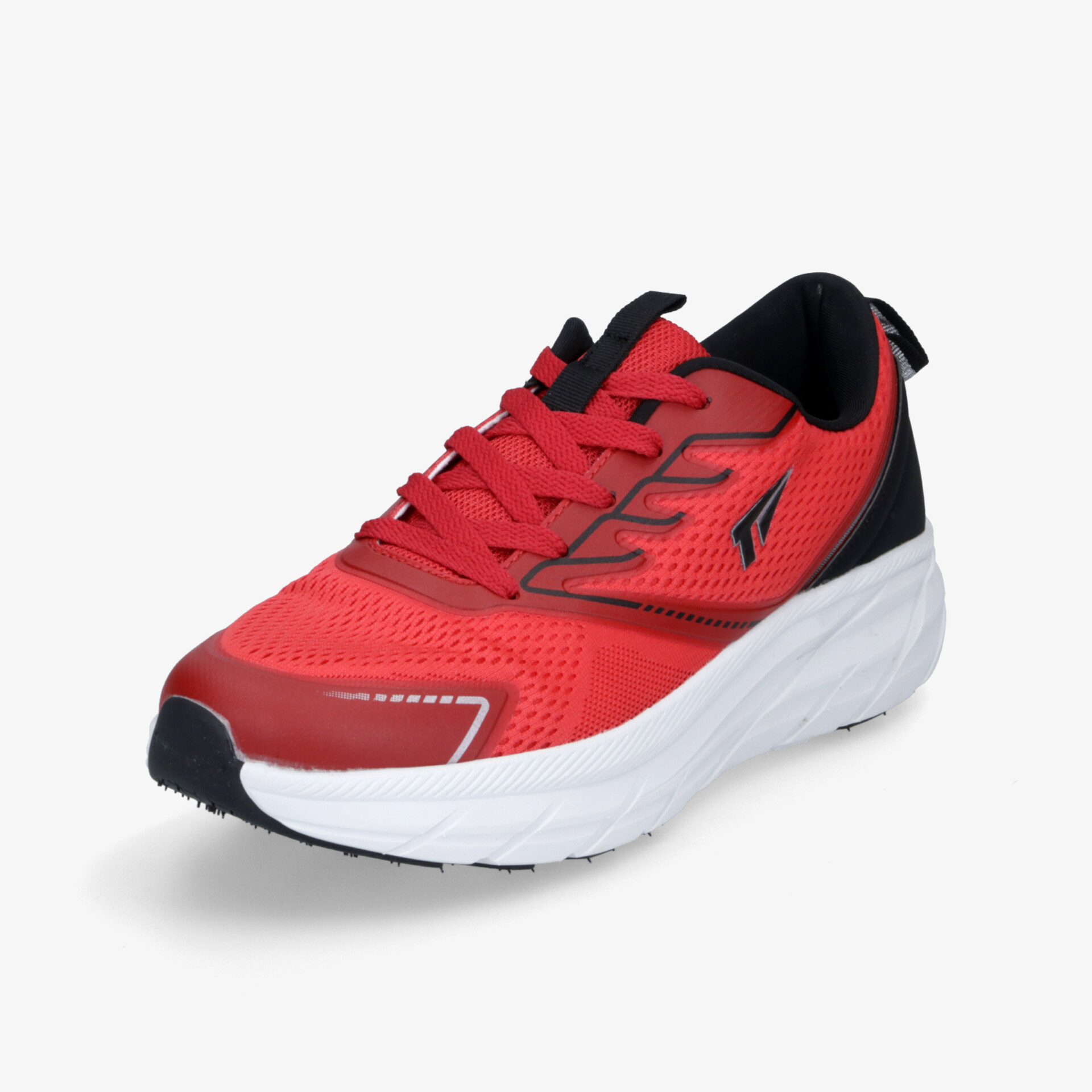 Sportlicher, leichter roter Schuh mit atmungsaktivem Material und stoßdämpfender Sohle in schräger Frontansicht