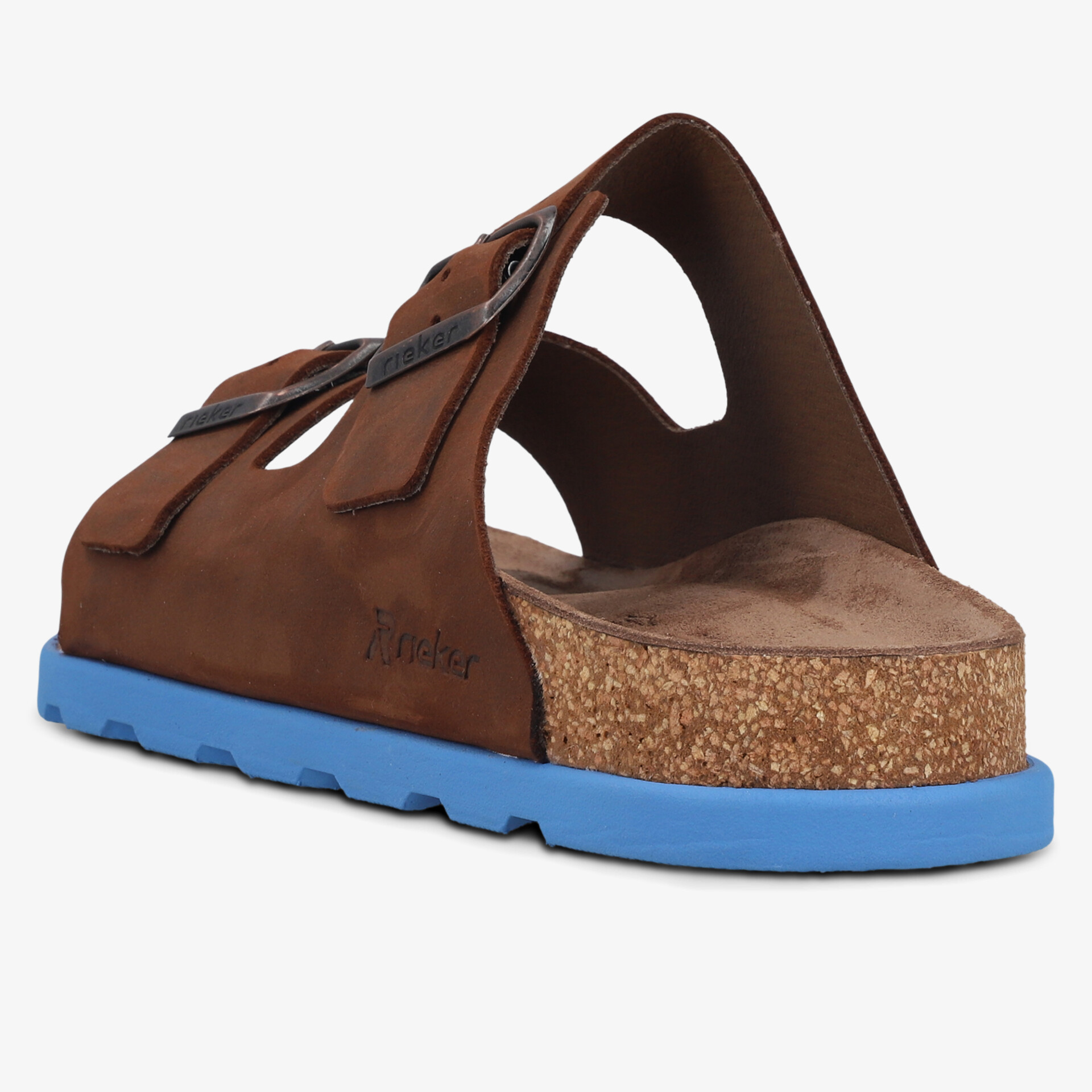 Bequeme braune Sandale mit blauem Korkfußbett und verstellbaren Riemen, seitliche Ansicht