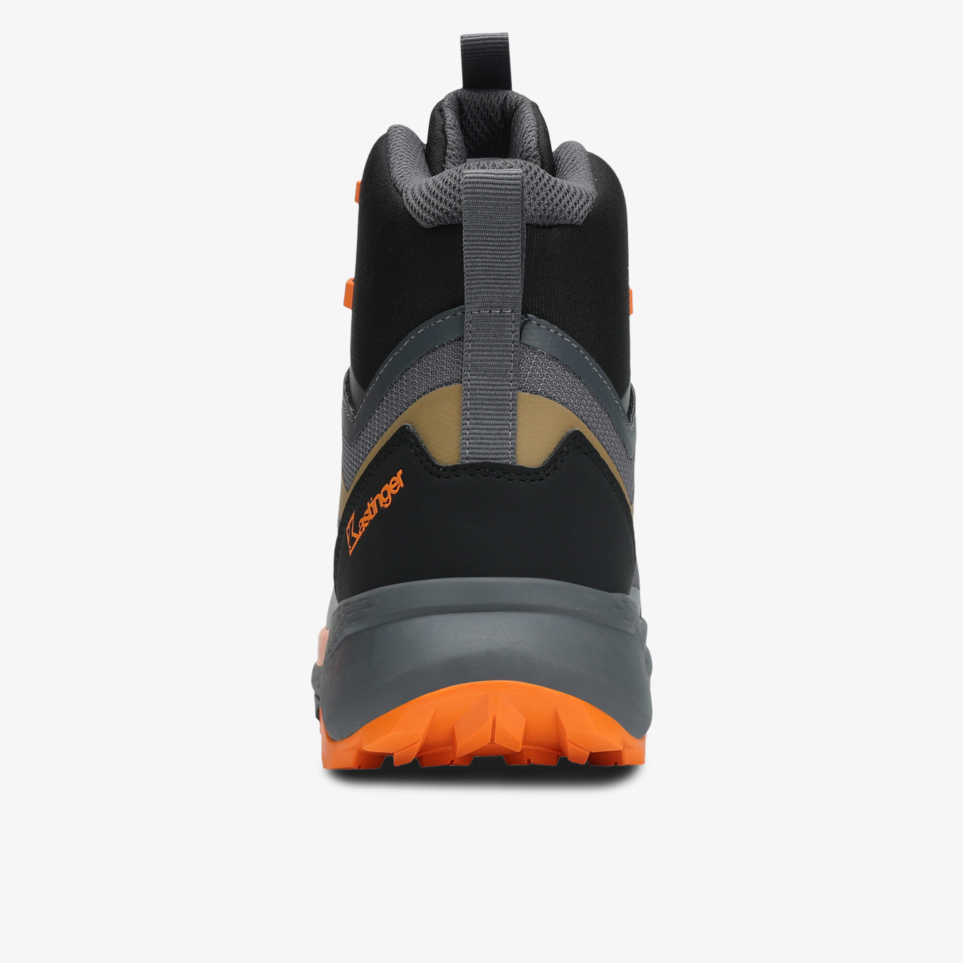 Rückansicht robuster Outdoor-Schuh mit gepolstertem Schaft und rutschfester oranger Profilsohle