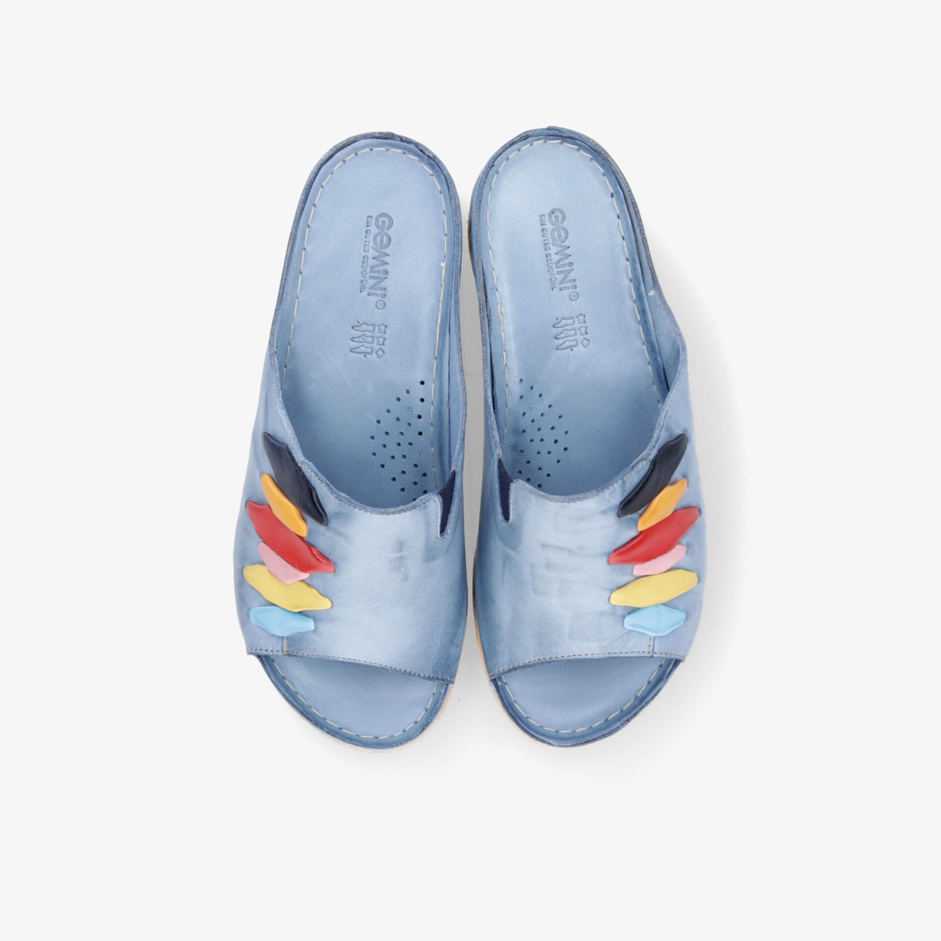 Bequeme bunte Leder-Pantoletten mit offenem Zeh, weiches Material und rutschfester Sohle, Draufsicht