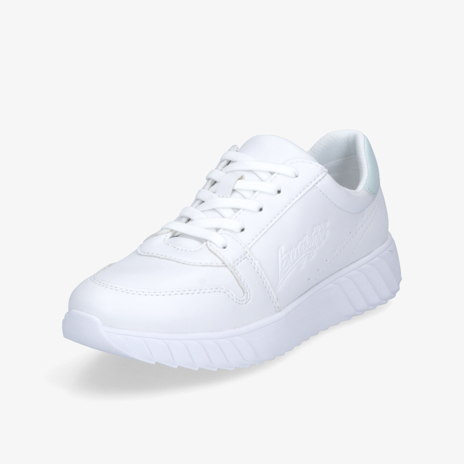 Weißer Sneaker in schräger Vorderansicht mit gepolsterter Innensohle und rutschfester Gummisohle für optimalen Komfort