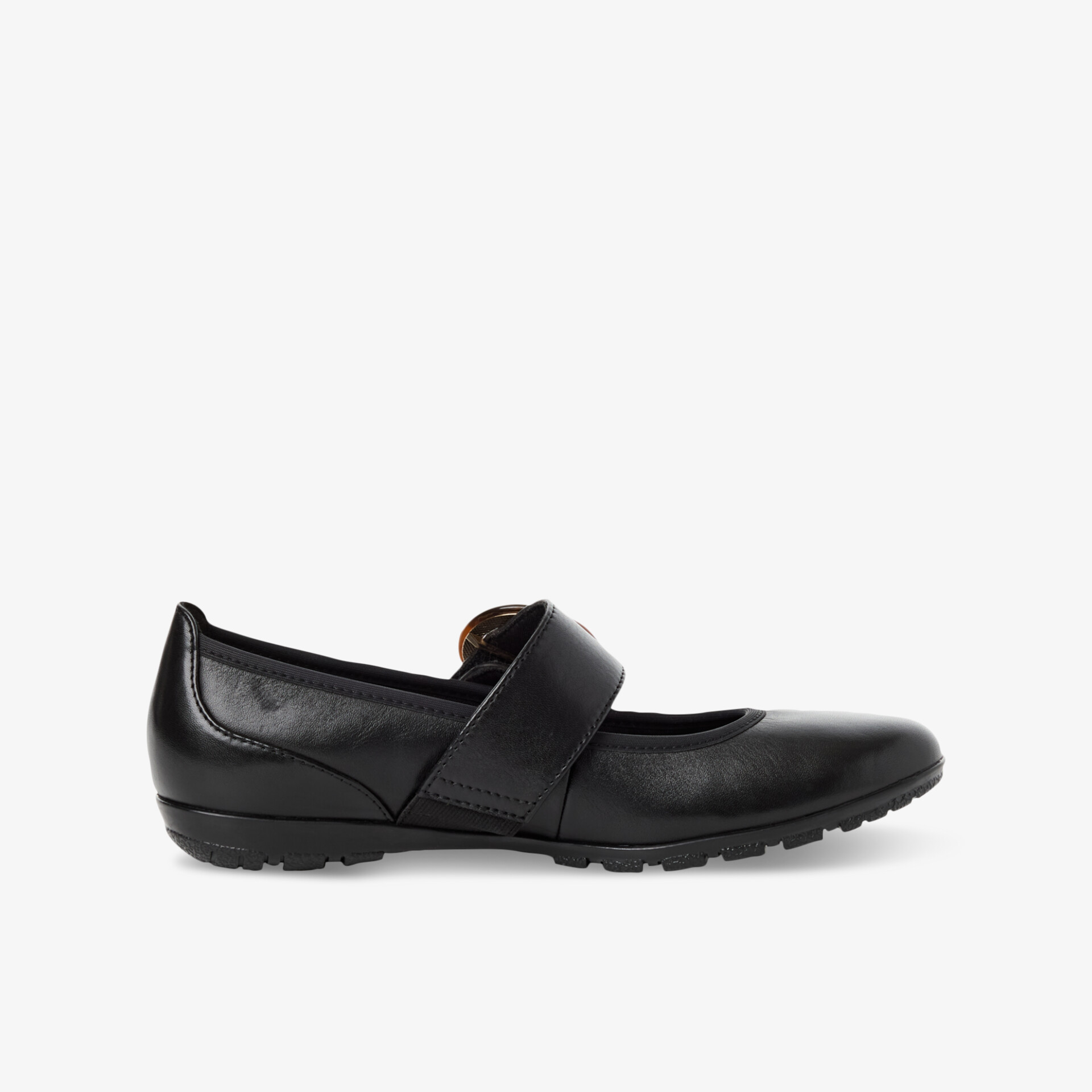 Bequemer schwarzer Schuh mit flexiblem Material, rutschfester Sohle und praktischem Klettverschluss, seitliche Ansicht