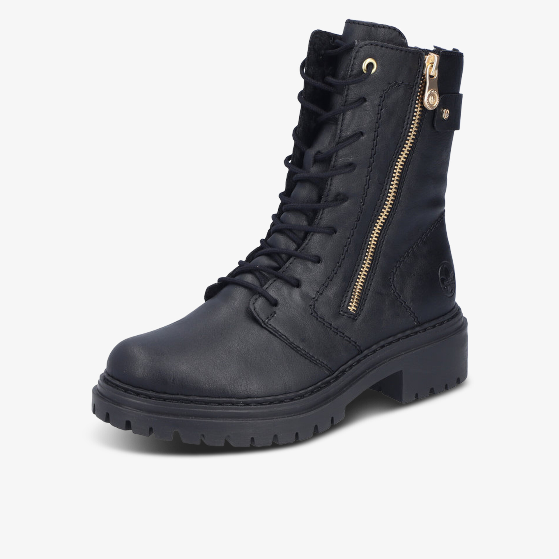 Schwarzer robuster Schnürstiefel mit seitlichem Reißverschluss und profilierter Sohle für modernen Look