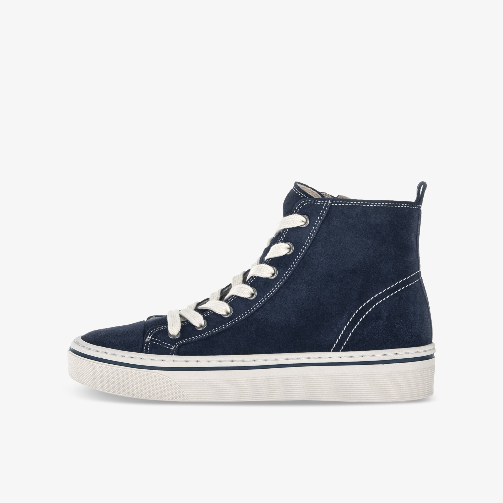 Navy blue suede ankle boot with white sole and lace-up design, side view showing casual and comfortable style