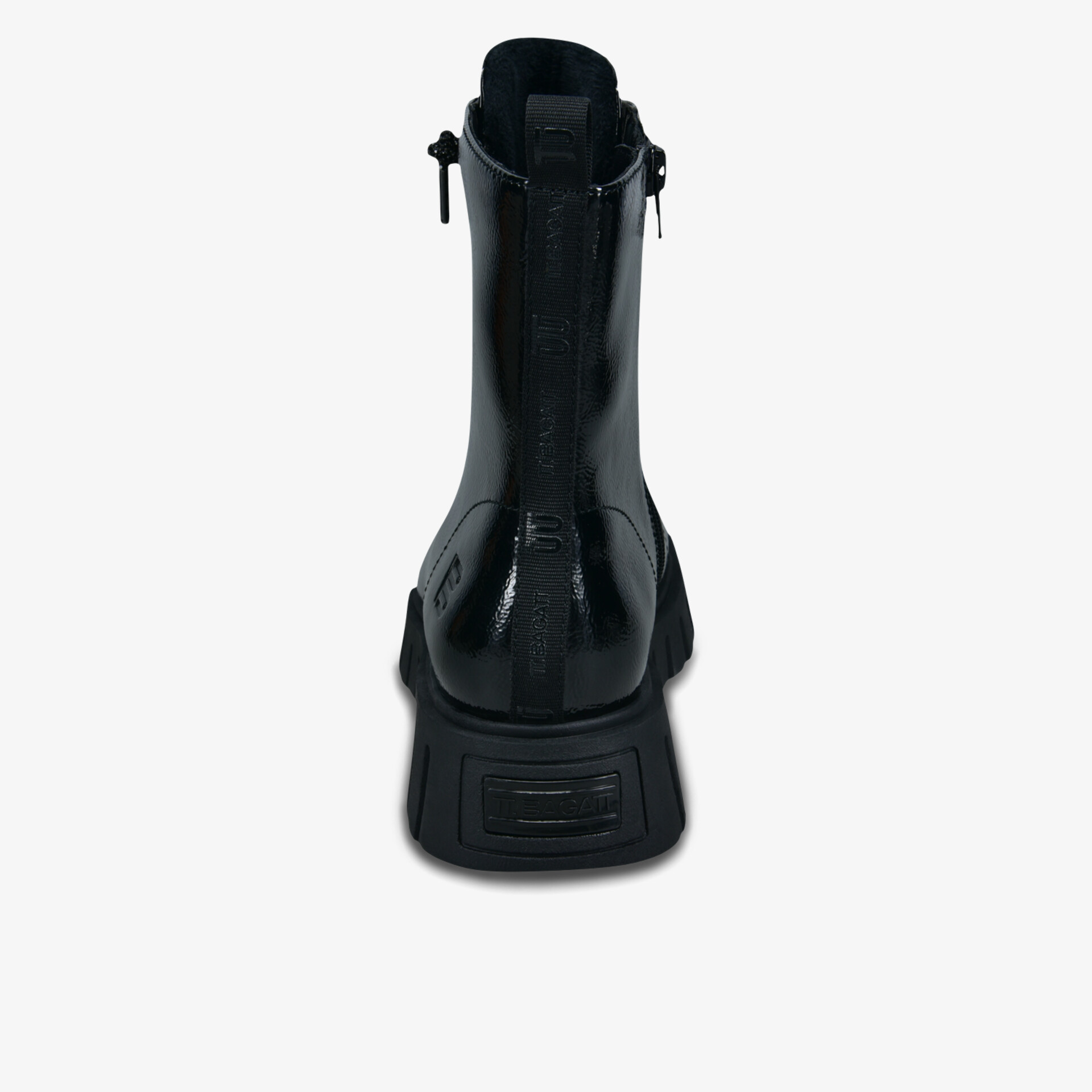 Schwarzer robuster Stiefel mit modernem Absatz und glattem Material, Rückansicht klar sichtbar