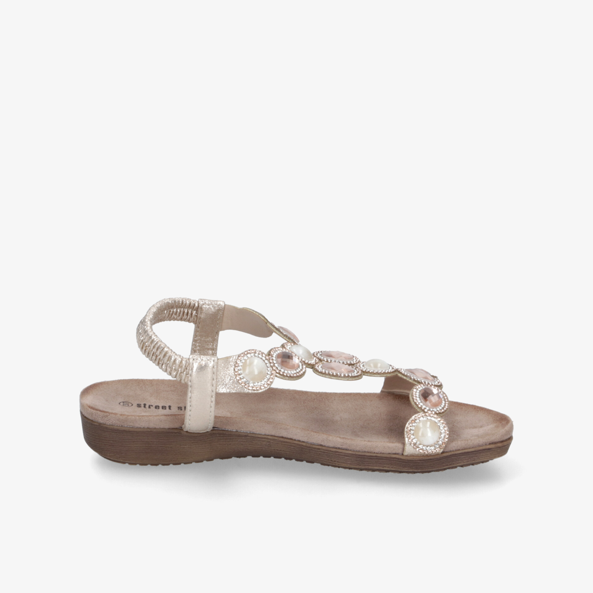 Bequeme Sandale mit verstellbarem Riemen und dekorativen Steinen, flache und leichte Sohle für hohen Tragekomfort