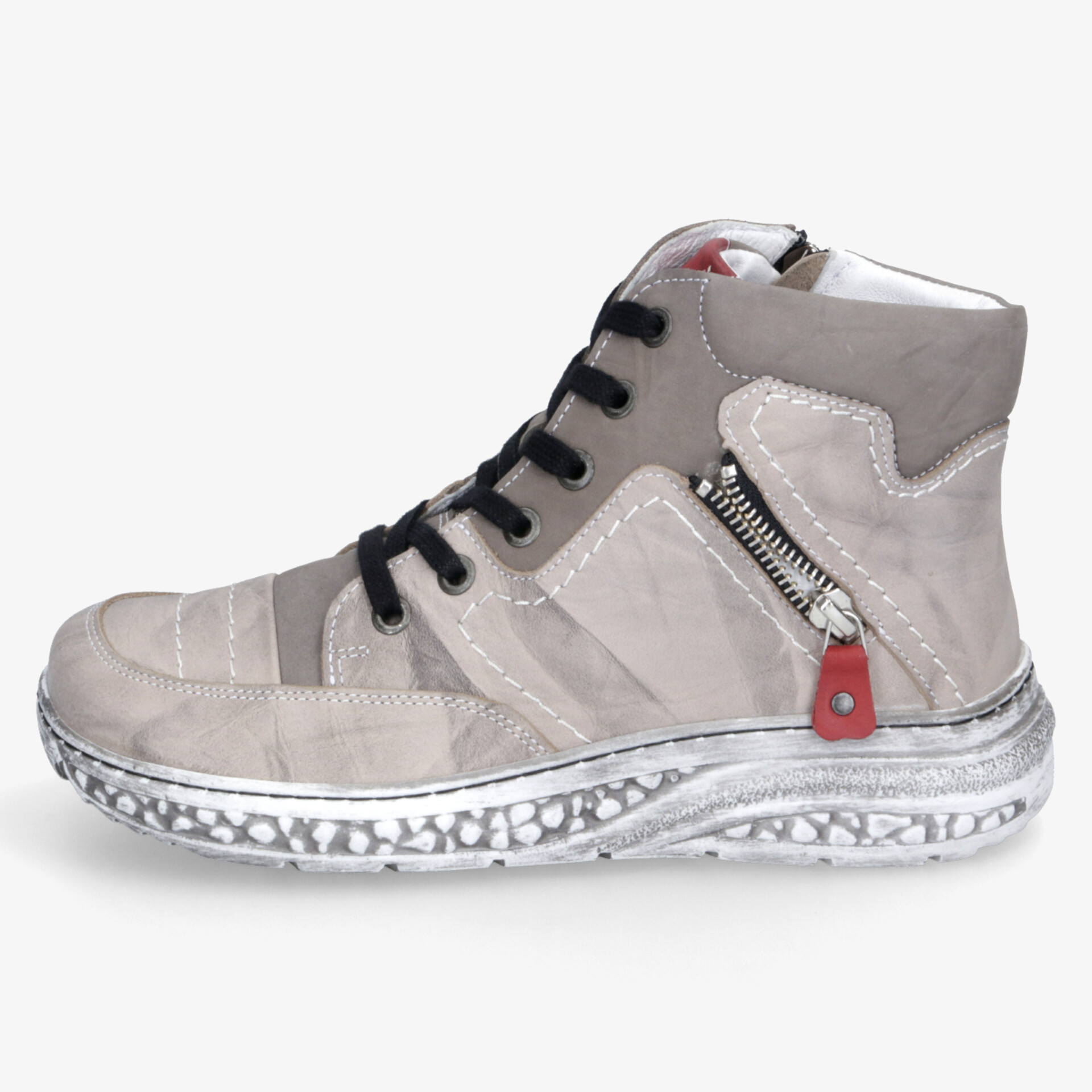 Grauer Sneaker mit stabilem Reißverschluss, gepolstertem Schaft und robuster Sohle für bequemen und sportlichen Tragekomfort