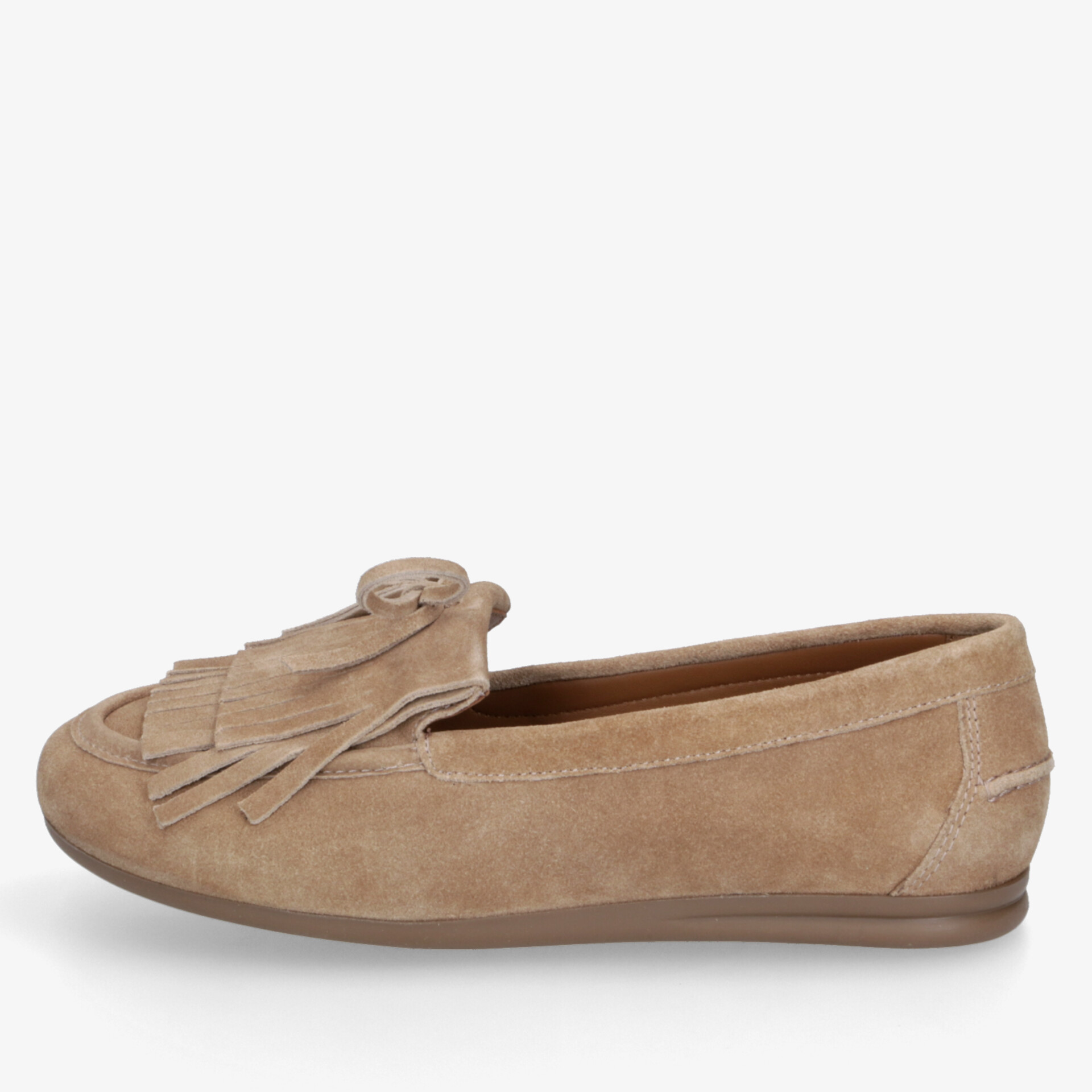 Beiger Wildleder-Loafer mit Quasten, flacher bequemer Schuh in eleganter und klassischer Optik