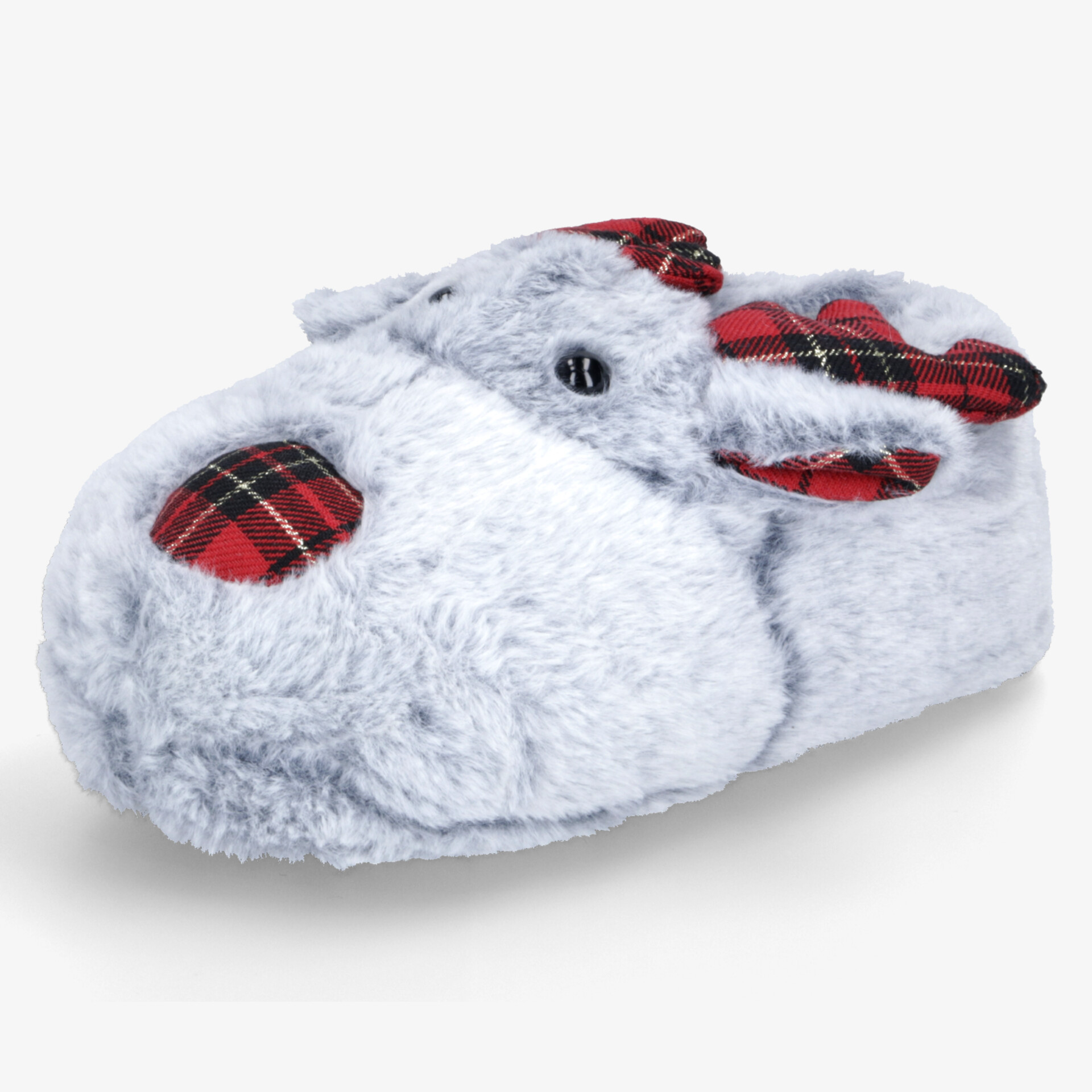 Weicher, kuscheliger Hausschuh mit niedlichem Tiermotiv und karierten roten Details für warmen Komfort