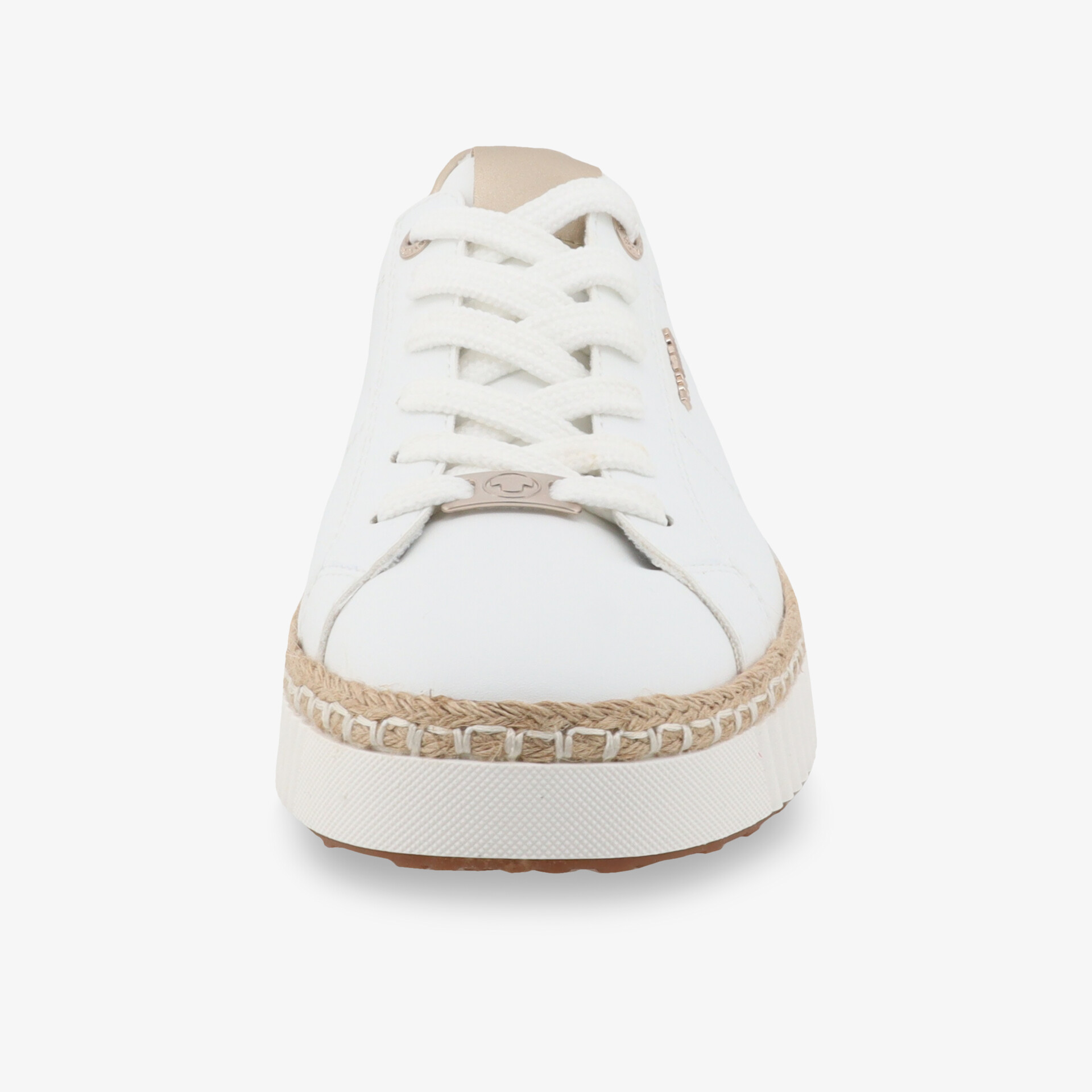 Weißer Sneaker in Frontansicht mit robuster Sohle und modischem Design für hohen Tragekomfort