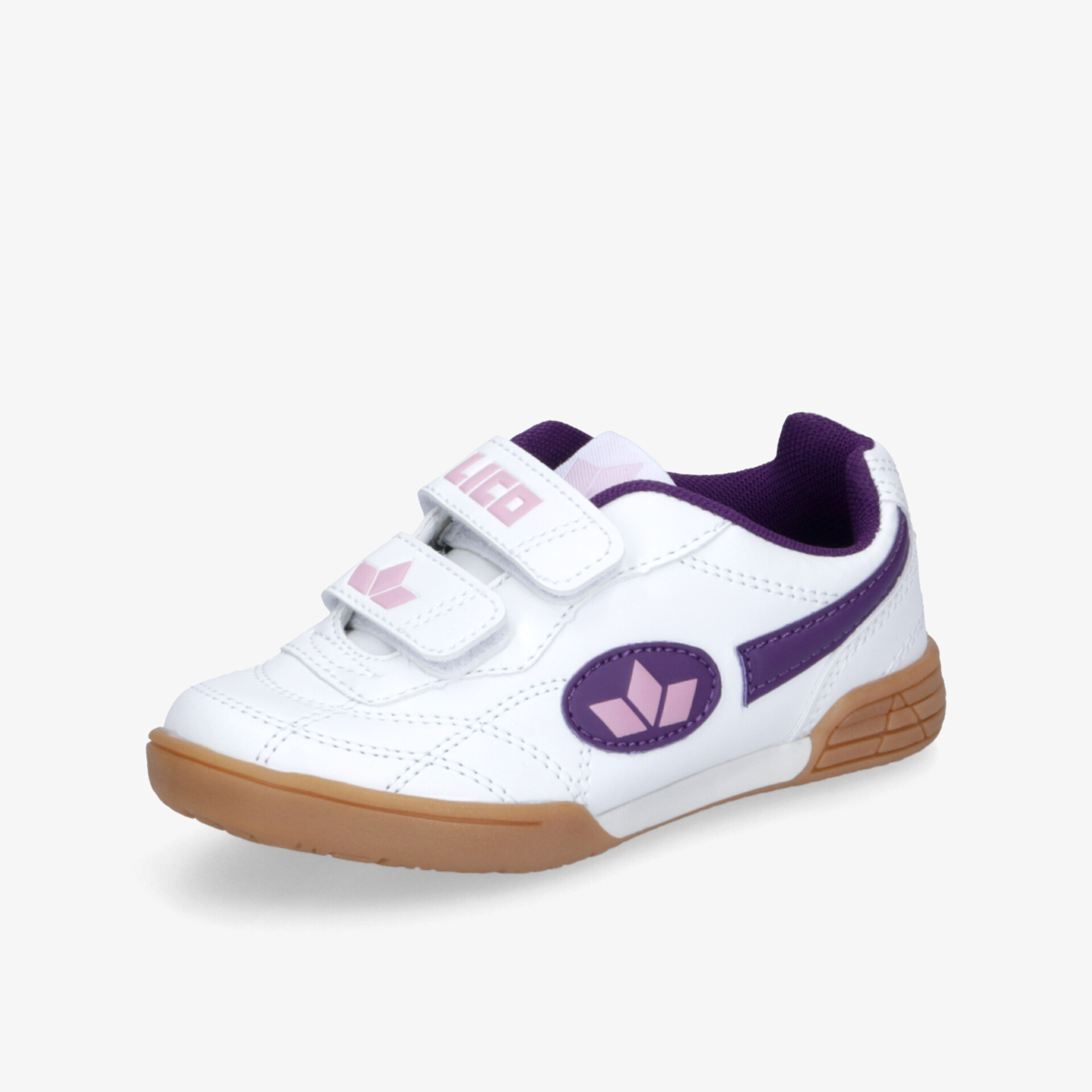 Weißer Sportschuh mit lila Details und rutschfester Gummisohle, Klettverschluss für leichten Halt und hohen Tragekomfort