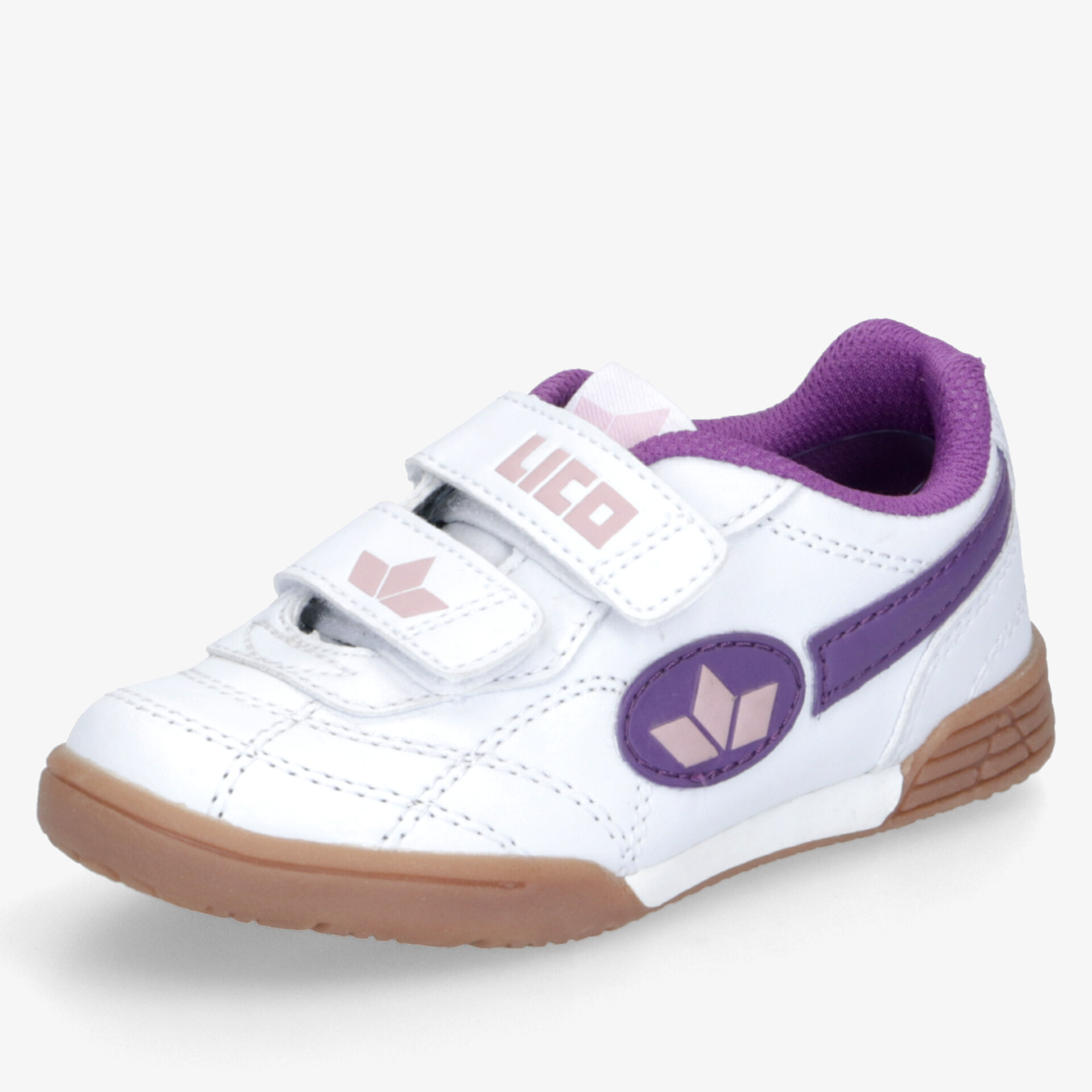 Weißer Sportschuh mit lila Details und zwei Klettverschlüssen, komfortabel und flexibel mit robuster brauner Sohle