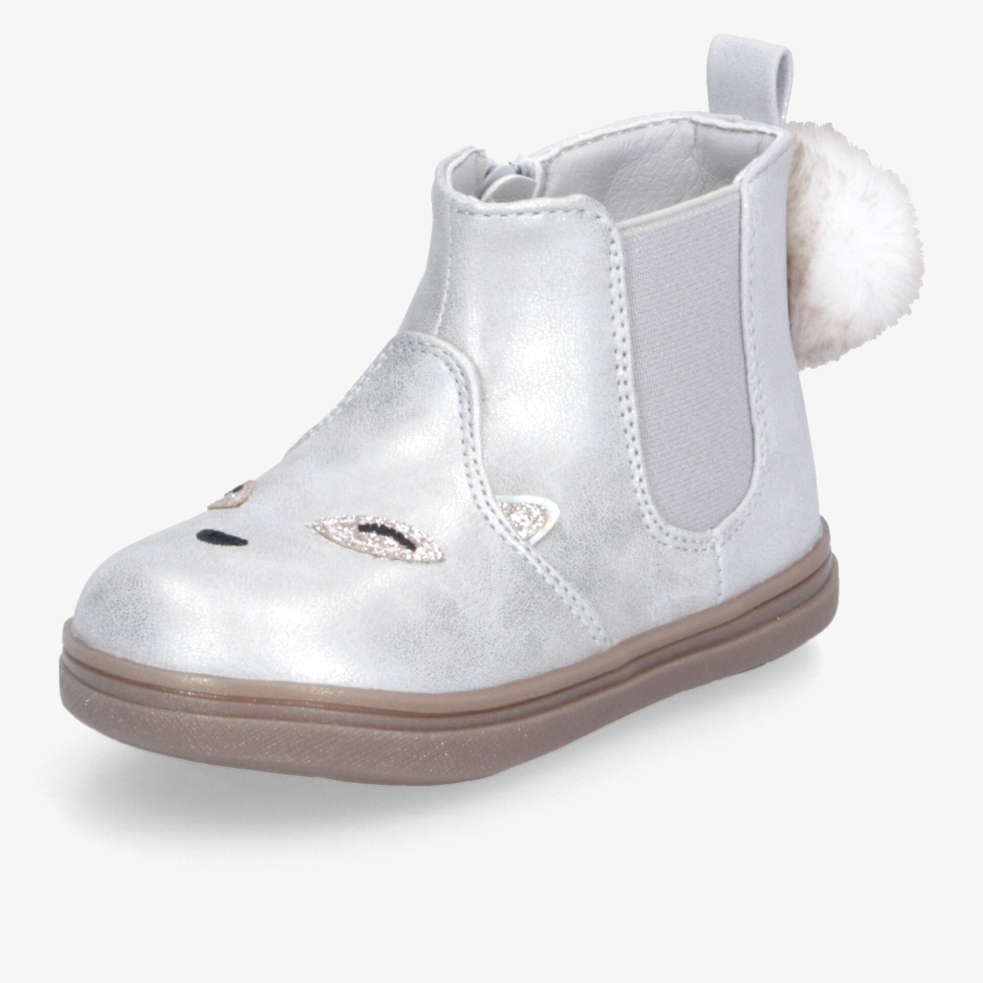 Silberner Kinderboot mit weichem Innenfutter, elastischen Seitenteilen und rutschfester brauner Sohle