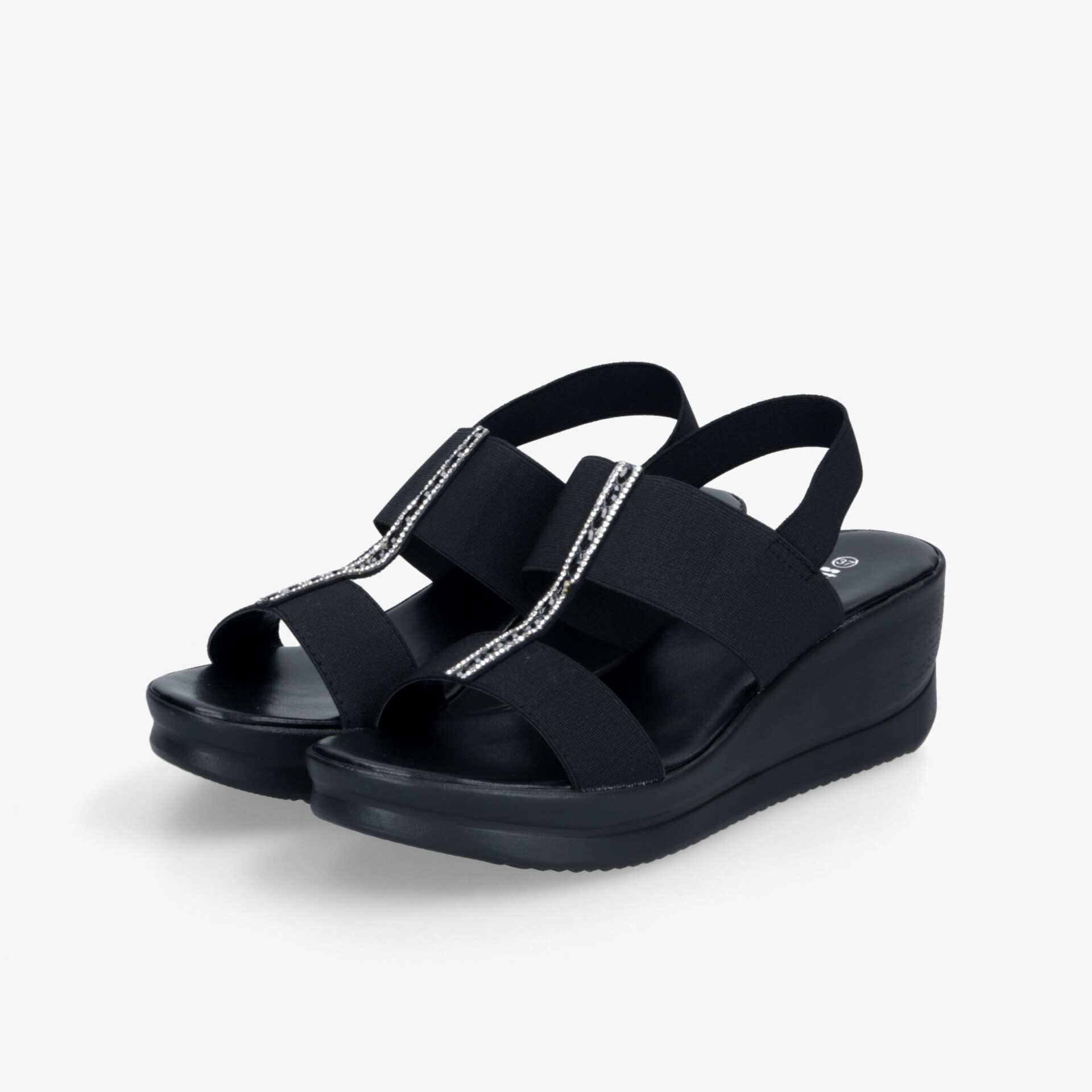 Bequeme schwarze Sandalen mit elastischen Riemen und leichtem Keilabsatz für optimalen Tragekomfort