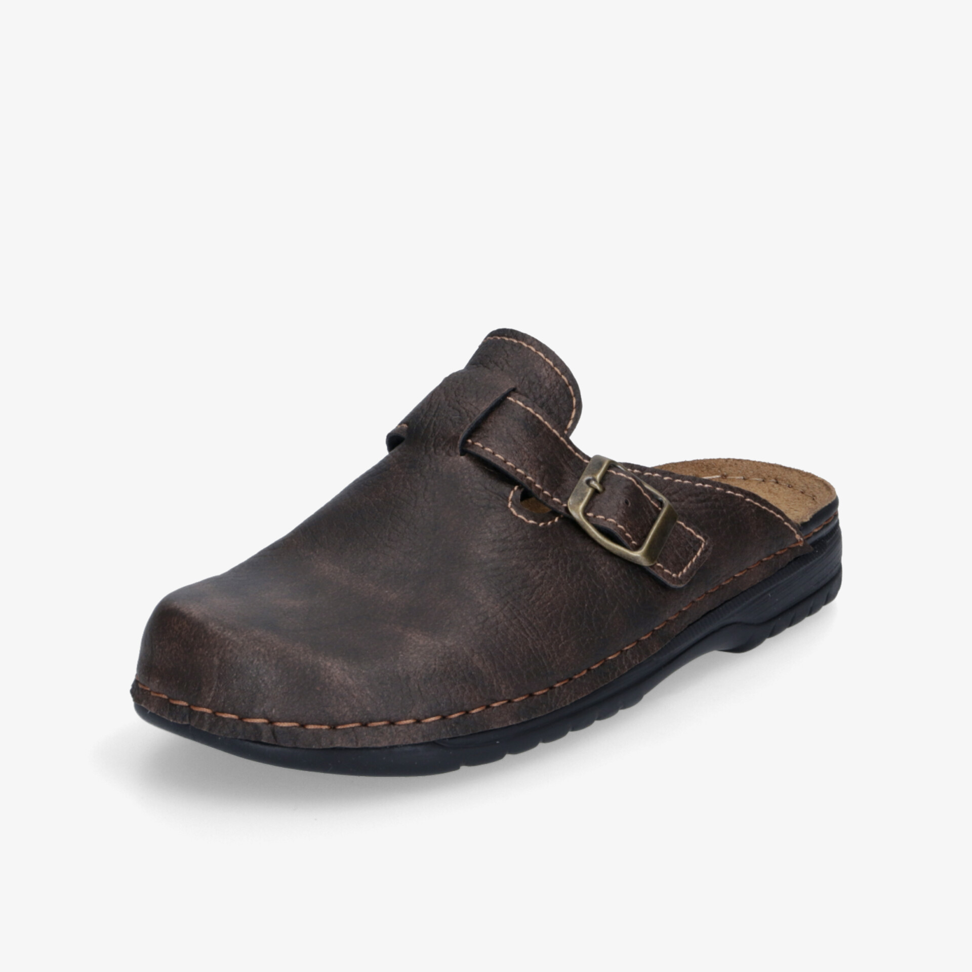 Bequemer brauner Lederclog mit verstellbarem Riemen und rutschfester Sohle, robust und langlebig