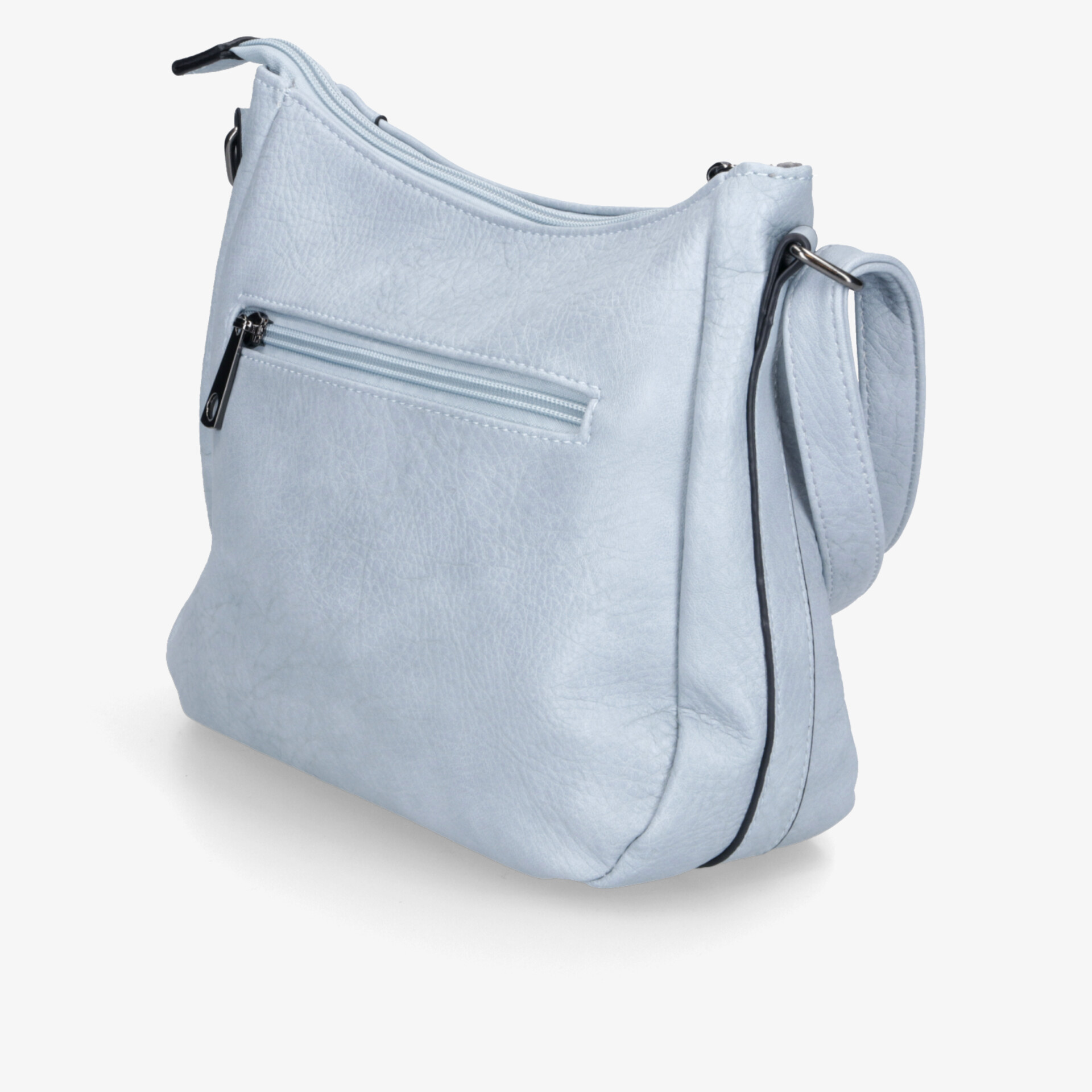 Hellblaue Handtasche mit Reißverschlusstasche vorne und verstellbarem Schulterriemen in seitlicher Ansicht