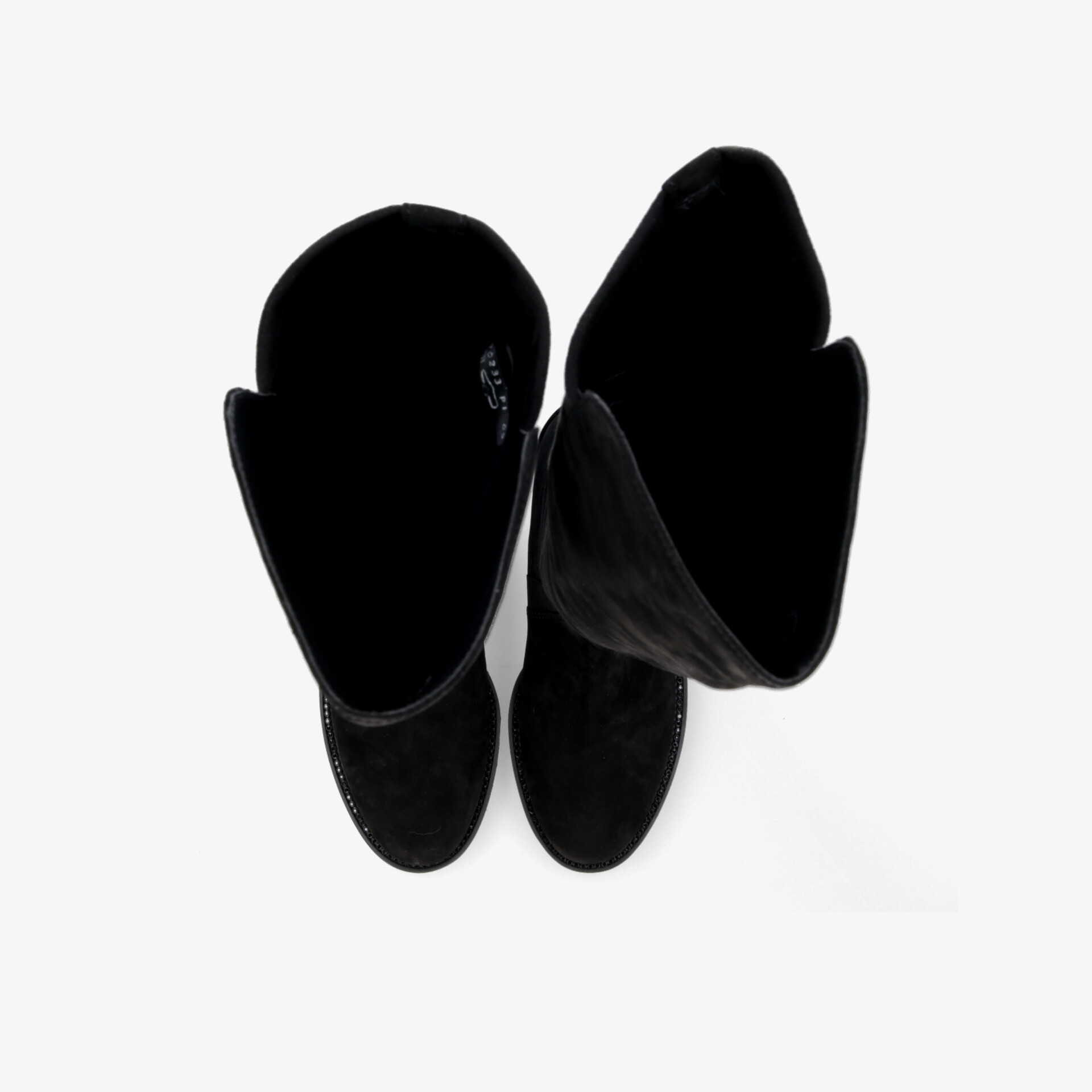Schwarze Veloursleder-Stiefel mit hohem Schaft und bequemem Einstieg, von oben als Paar sichtbar