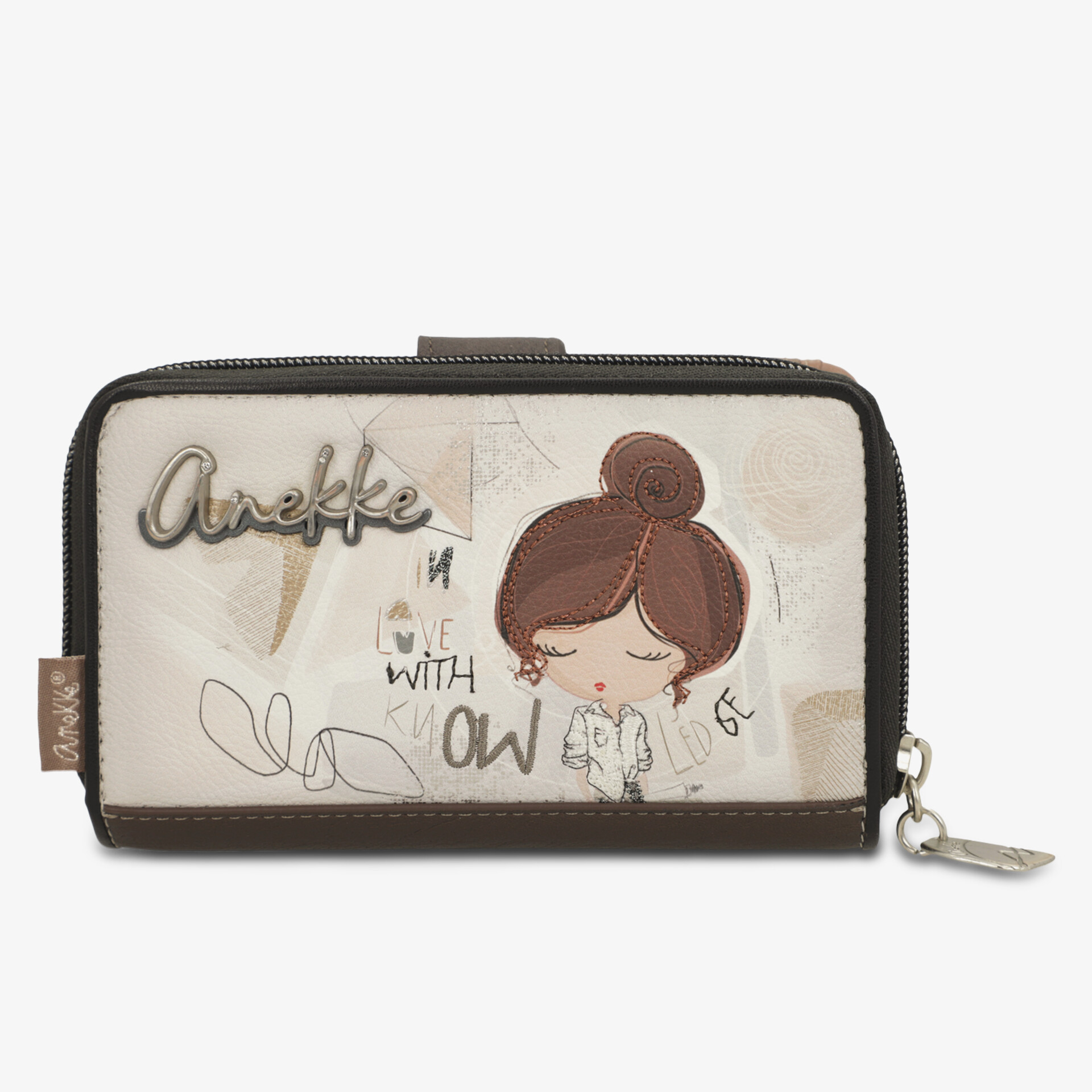 Modische kompakte Geldbörse mit Reißverschluss und stilvollem Mädchenmotiv auf hellen Hintergrund