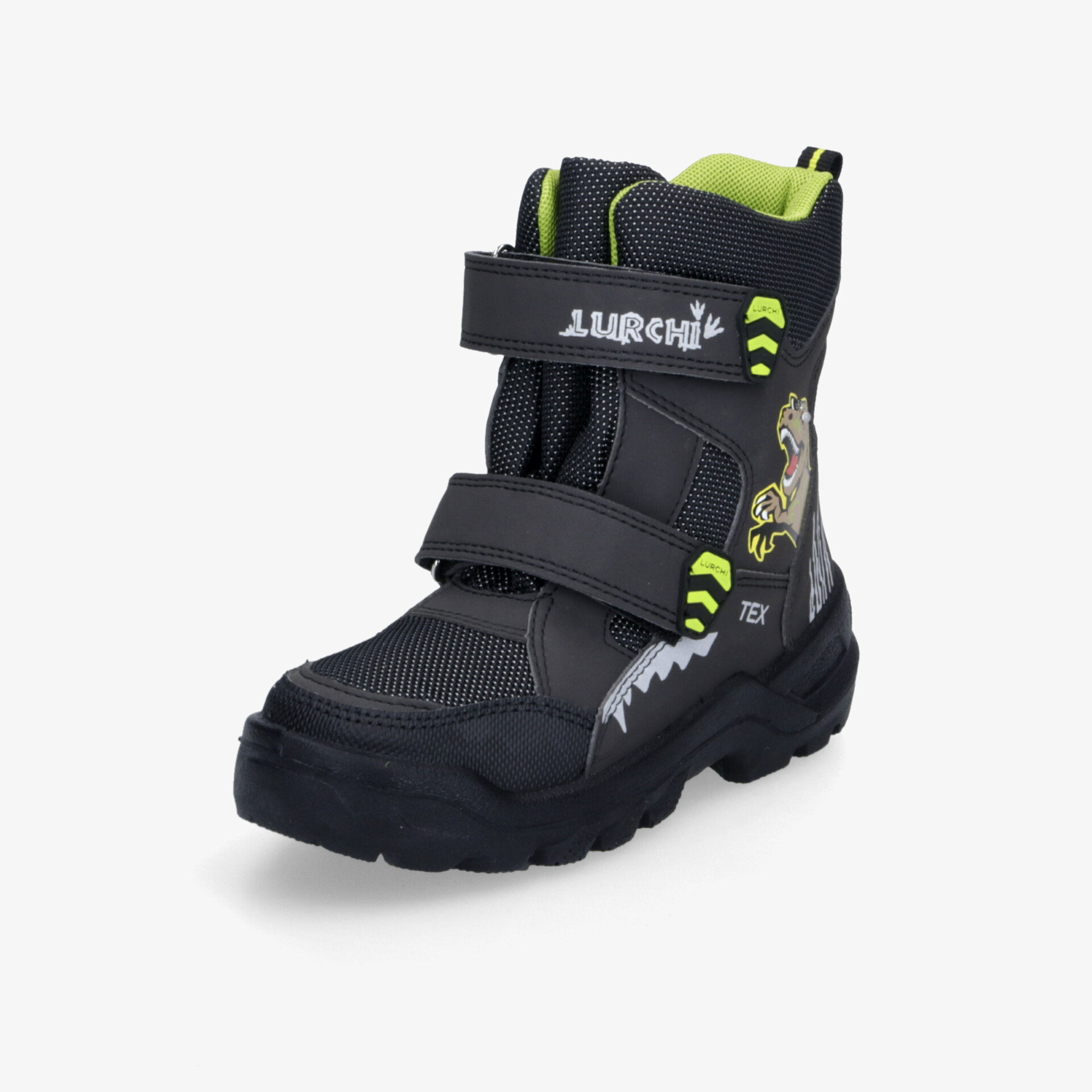Robuster Kinder-Winterstiefel in Schwarz mit Neongrünen Akzenten, Klettverschluss und rutschfester Sohle für sicheren Halt