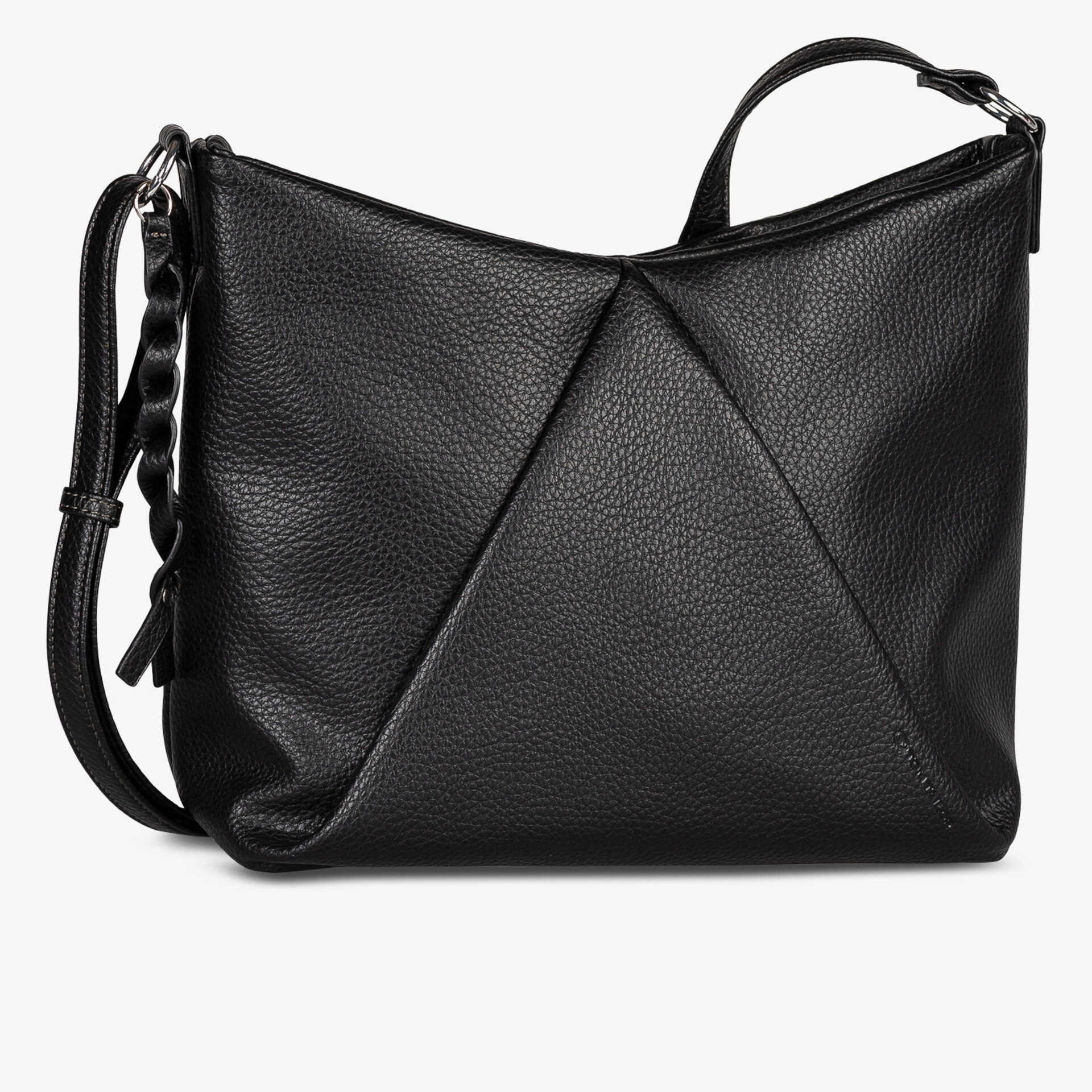 Schwarze Lederhandtasche mit klaren Linien, verstellbarem Schulterriemen und modernem Design