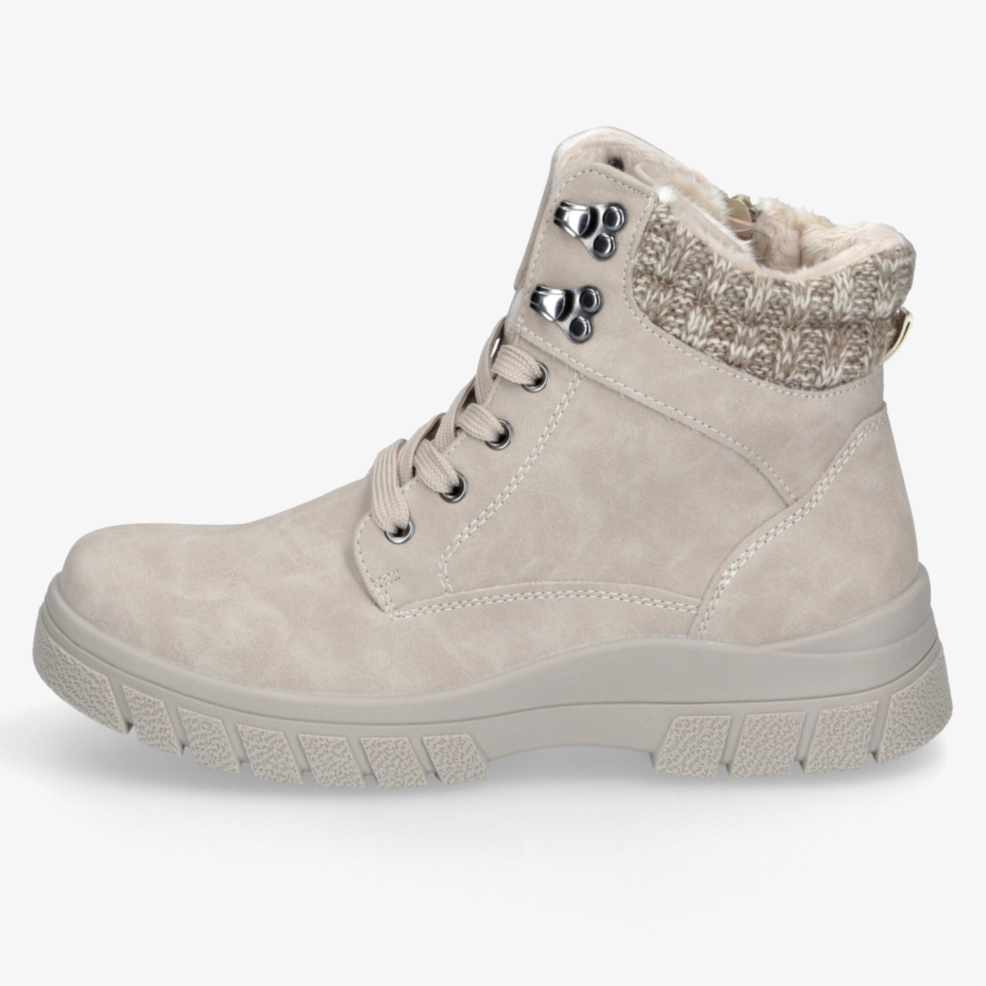 Beiger Sneaker-Boot mit warmem Innenfutter, robuster Schnürung und flexibler, rutschfester Laufsohle seitlich aufgenommen